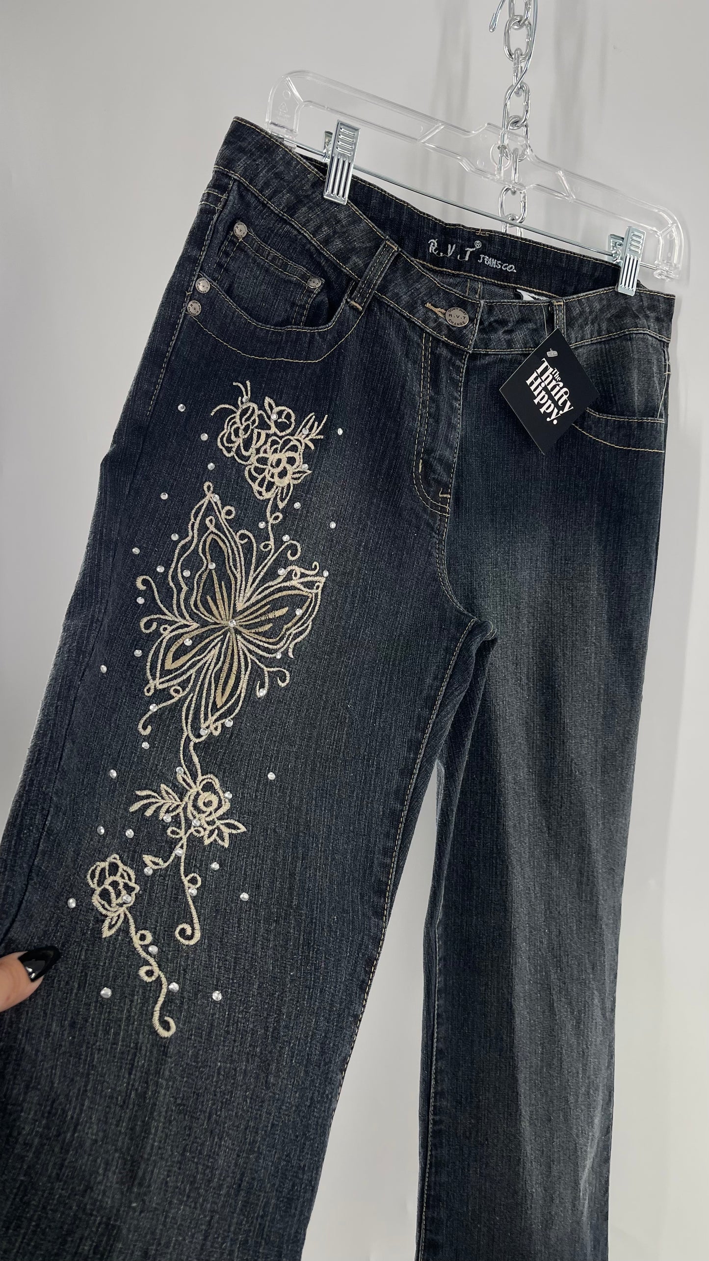 Vintage RVT Grey Kickflare Jeans with Butterfly Embroidery and Rhinestone Embellishment (9/10)