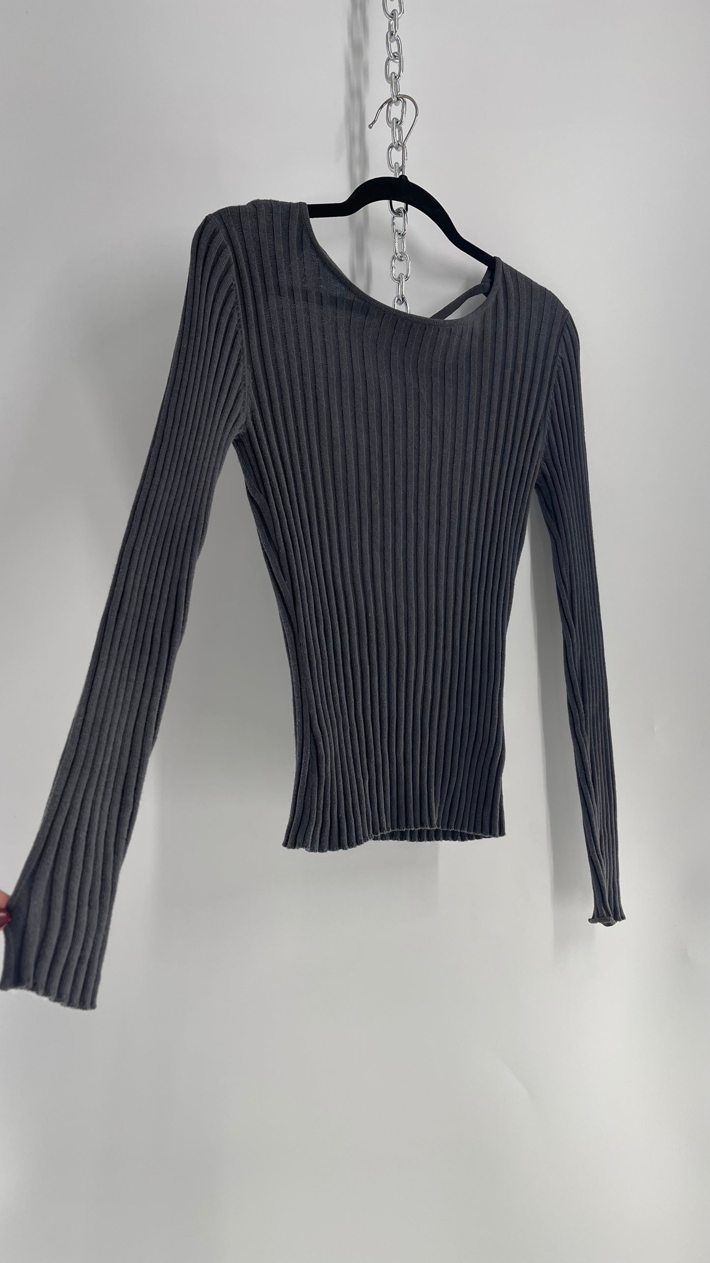For Love & Lemons Gray Ribbed Low, Open Back Knit Long Sleeve (Medium)