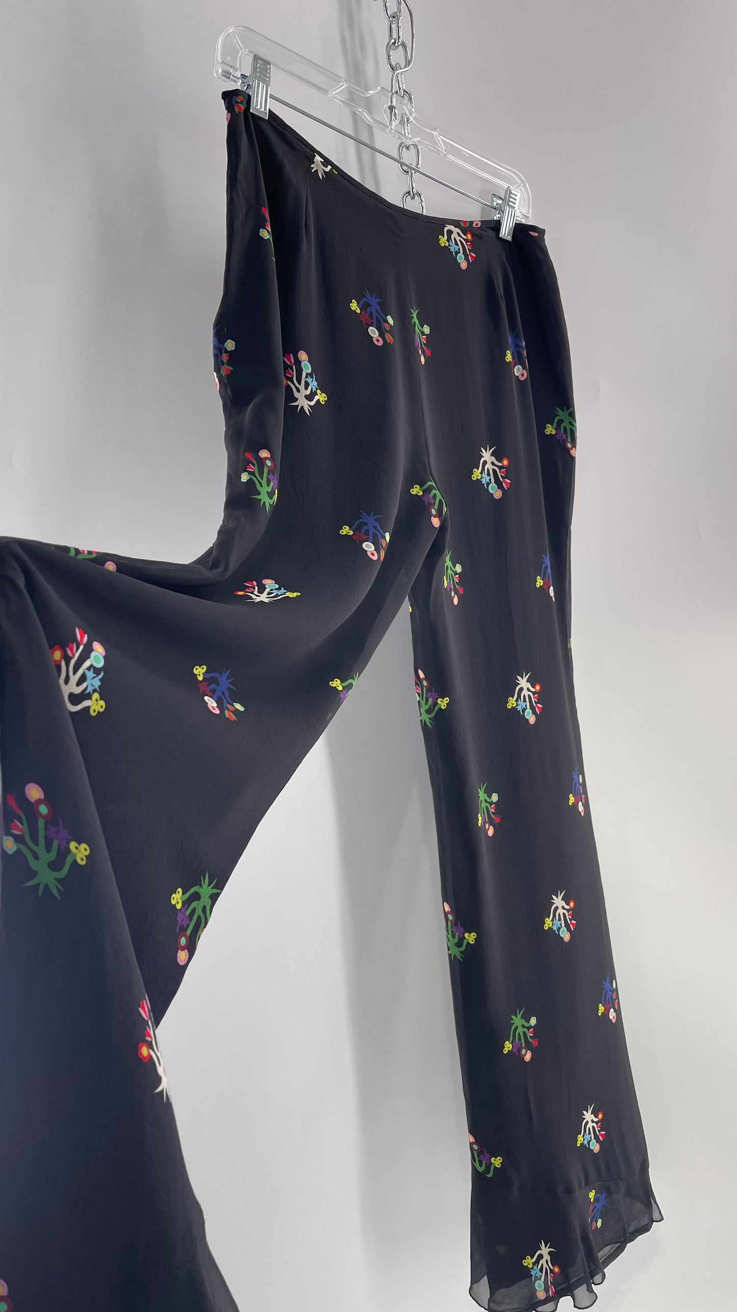 Cynthia Rowley Black Flared Pants with Colorful Abstract Florals, Dual Lining and Ruffle Trim (4)