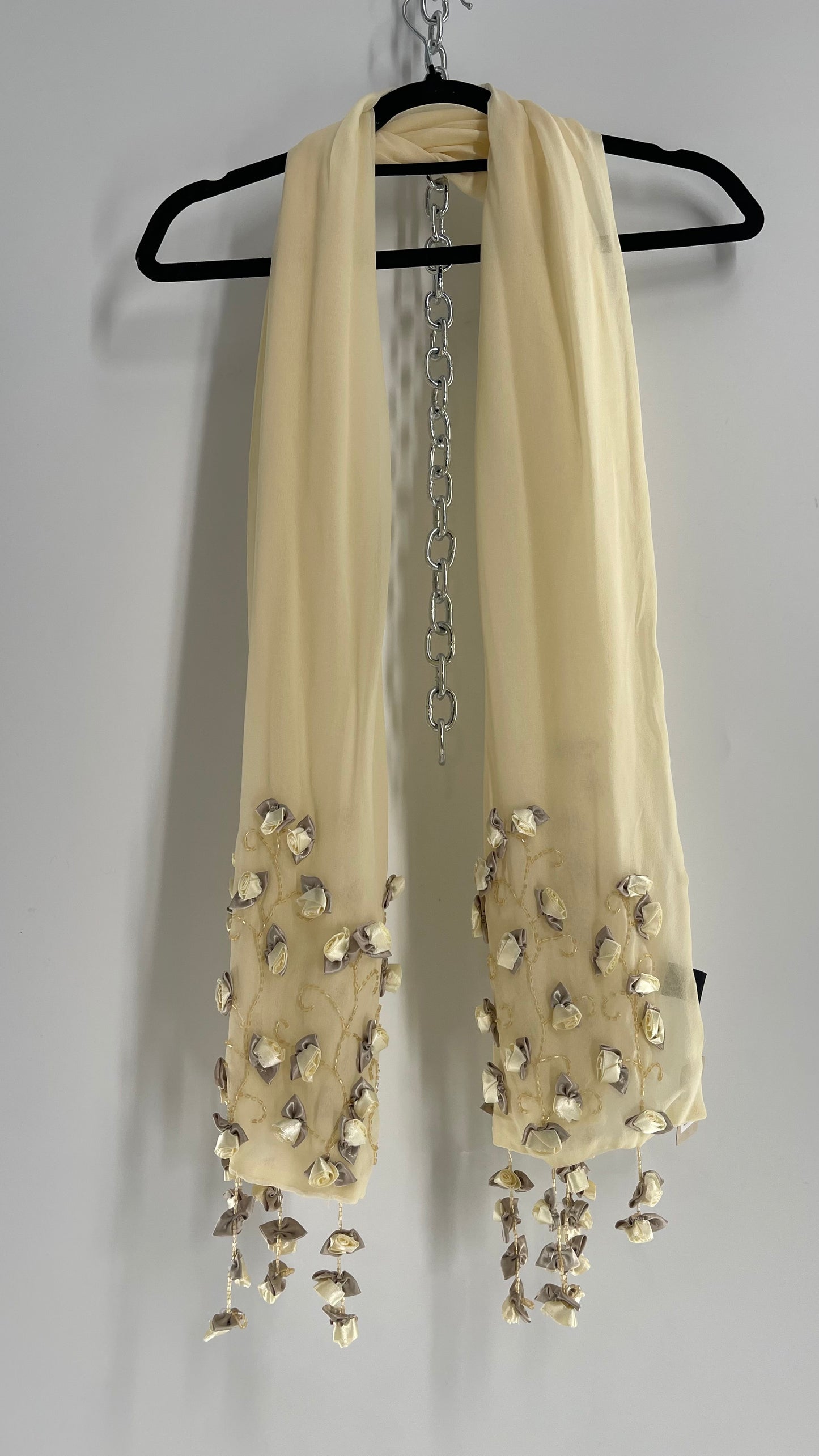 Vintage 1990s Baby Yellow Cream Silk Scarf with Embroidered Rosettes and Beaded Flowers