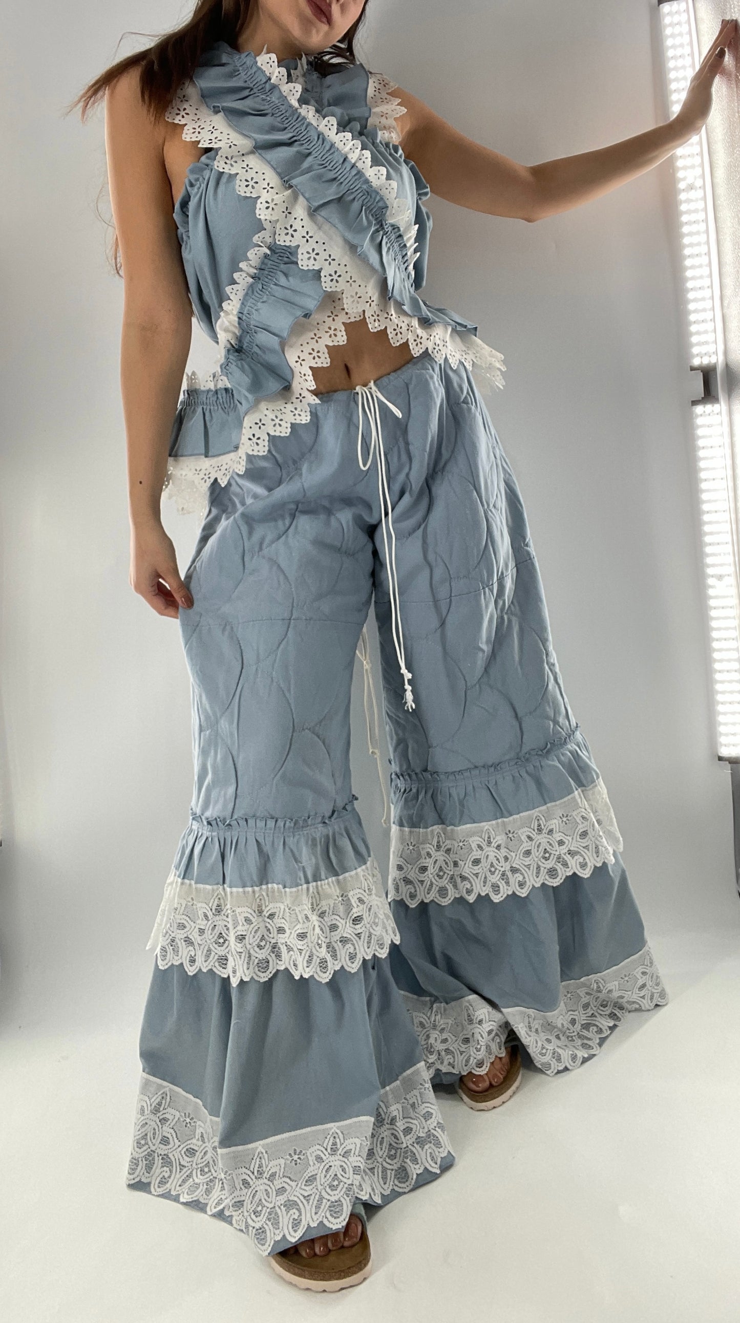 Vintage 2 Piece Powder Blue Set Featuring 2Way Blouse and Quilted Trousers Covered in Ruffles, Lace and Trim (One Size)