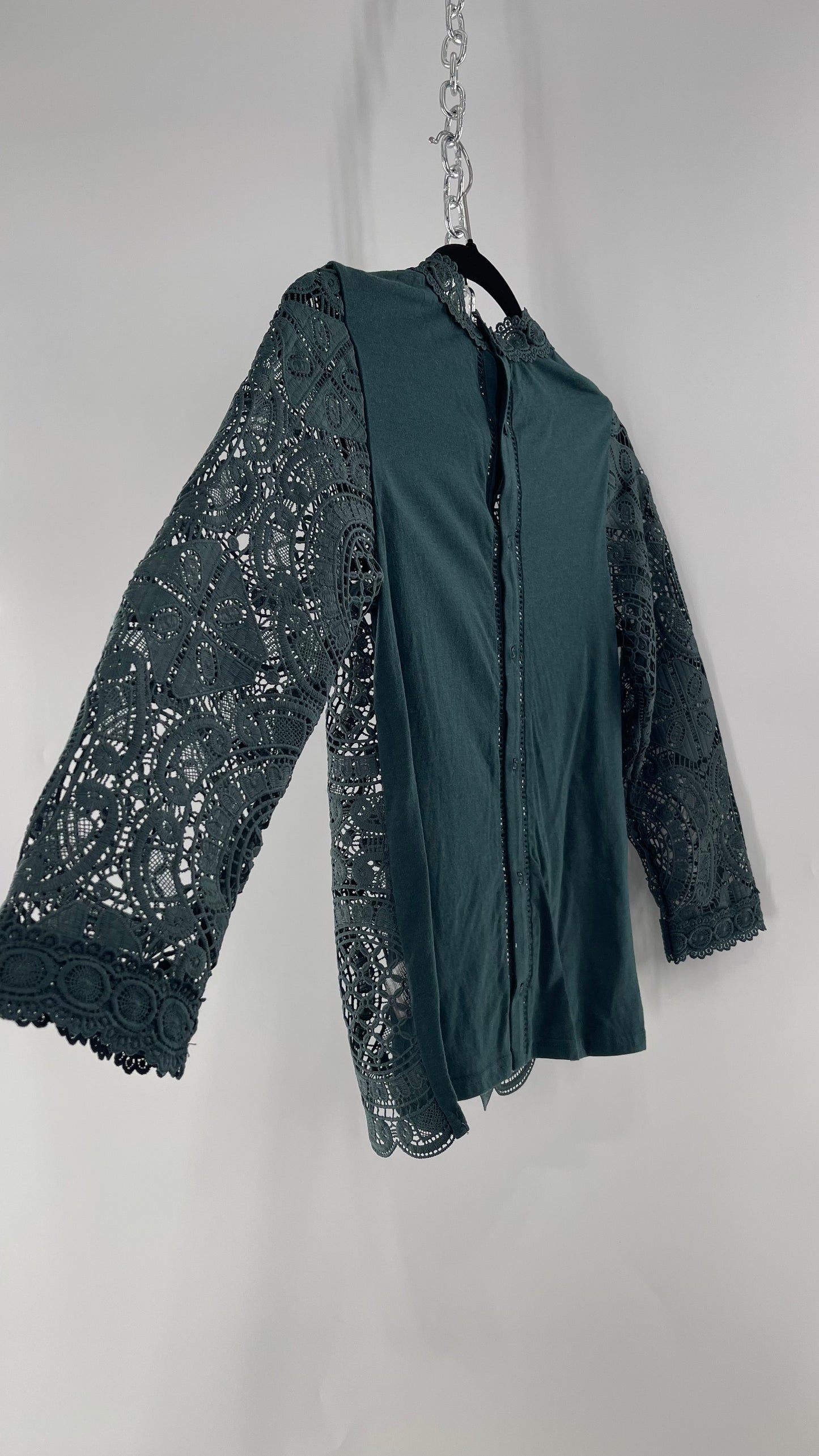 James Coviello New York Thick Lace Forest Green Blouse with Button Down Back (XS)