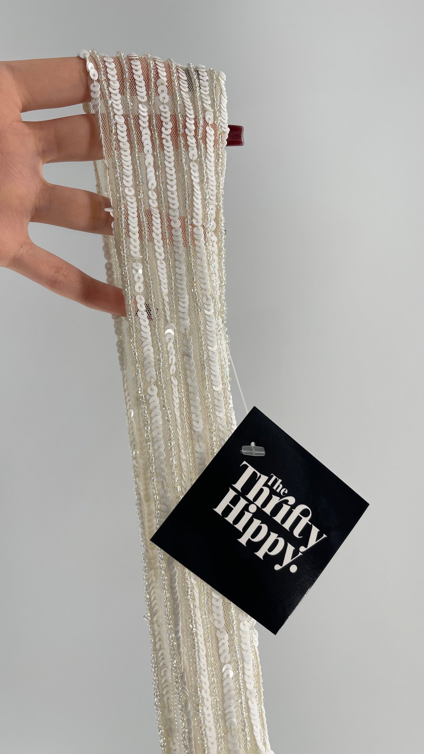 Vintage White Sequin Iridescent Beaded Skinny Scarf