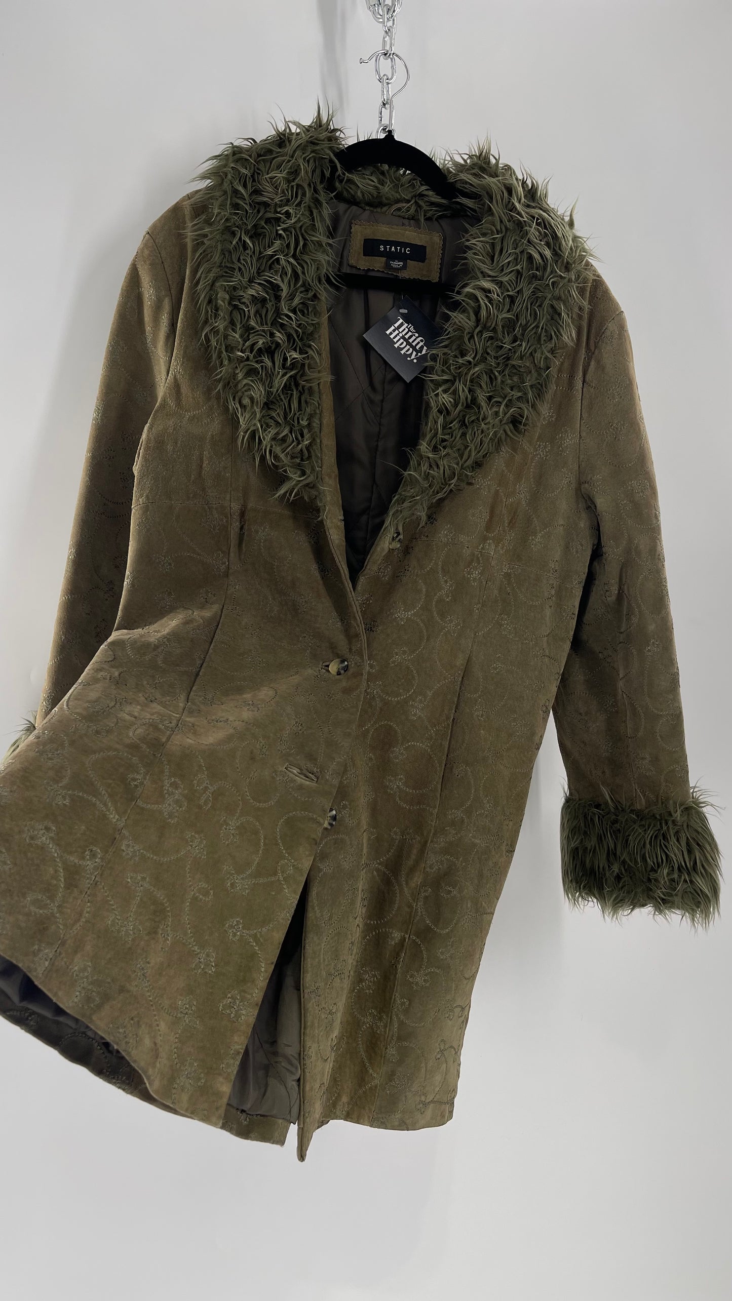 Vintage STATIC Embroidered Genuine Leather Coat with Fur Cuffs and Collar (C) (XL)