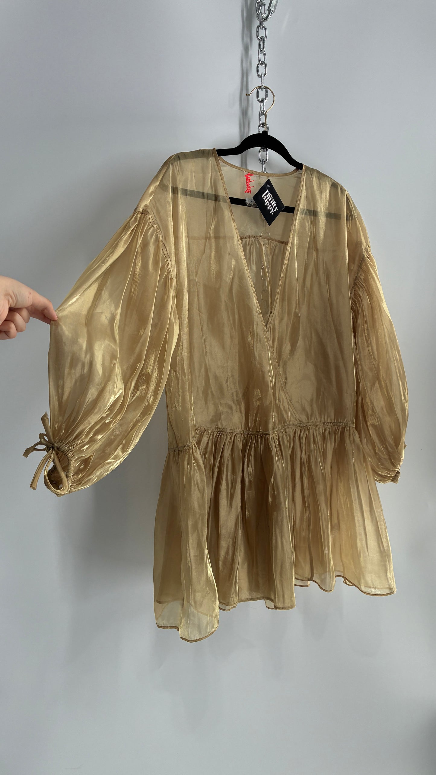 Free People Gold Voile Organza Drop Waist Bubble Sleeve Dress (Medium)