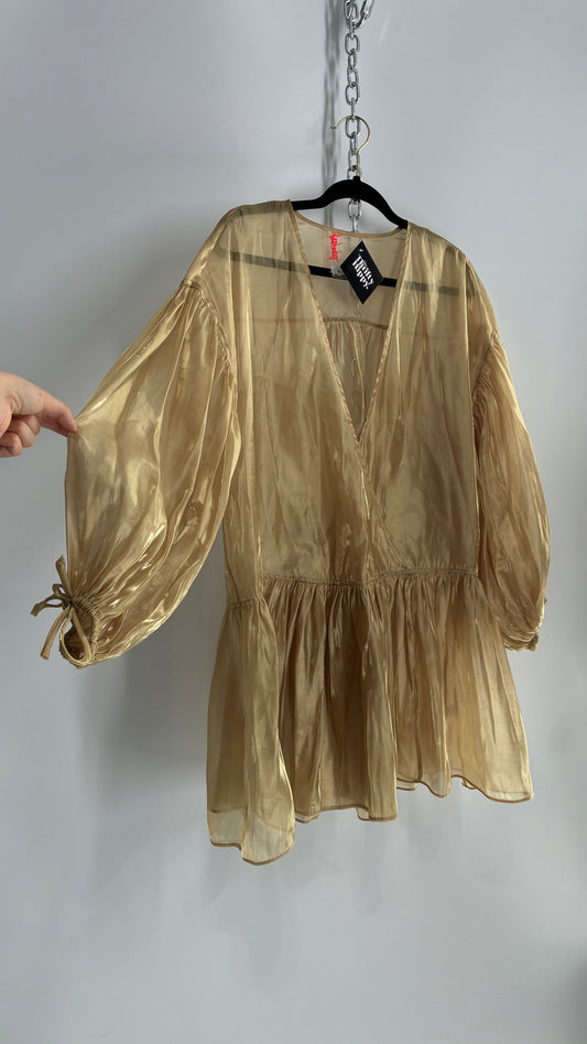 Free People Gold Voile Organza Drop Waist Bubble Sleeve Dress (Medium)