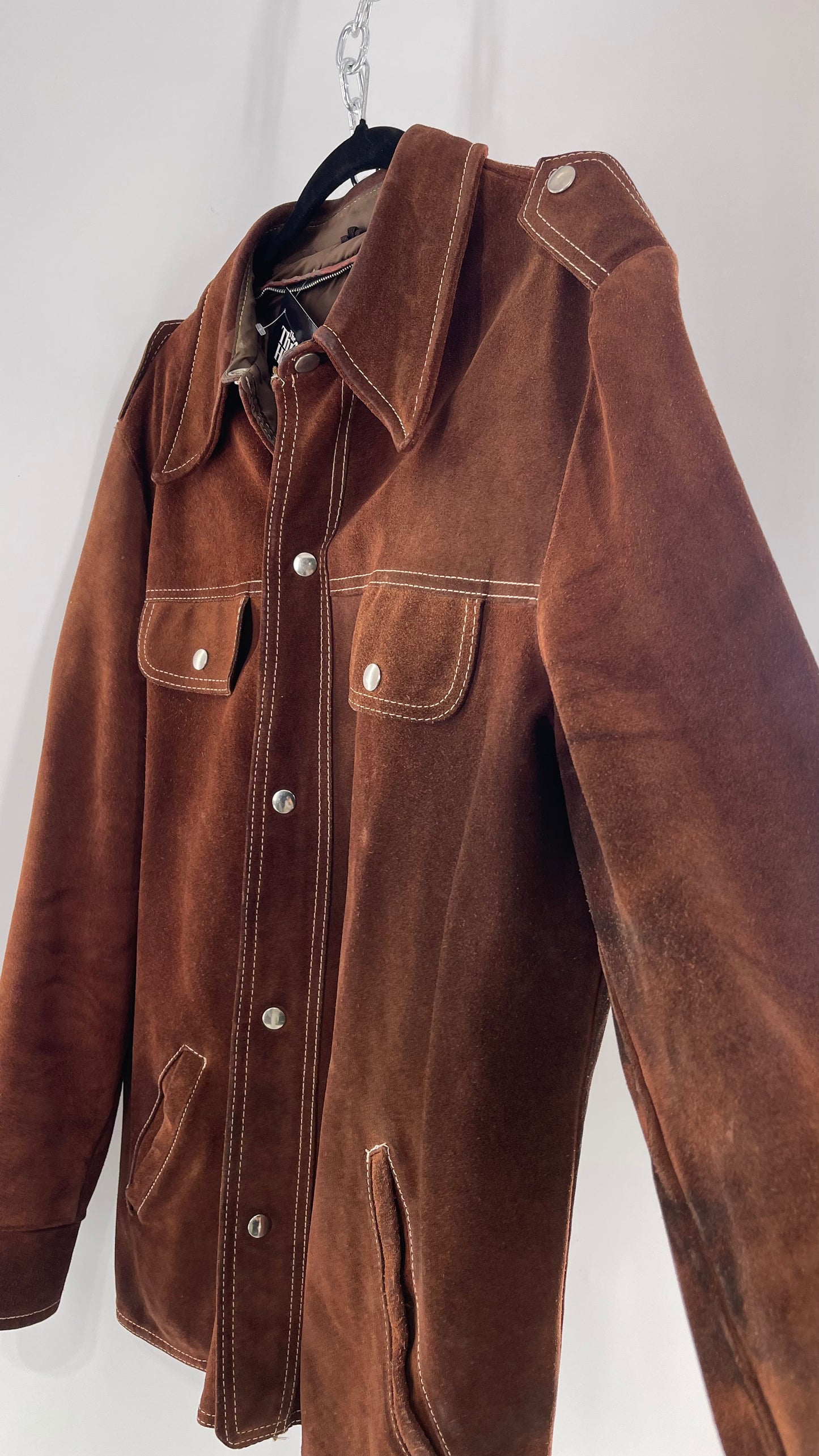 Vintage Brown Suede Jacket with Contrast White Stitching (C)(Large)