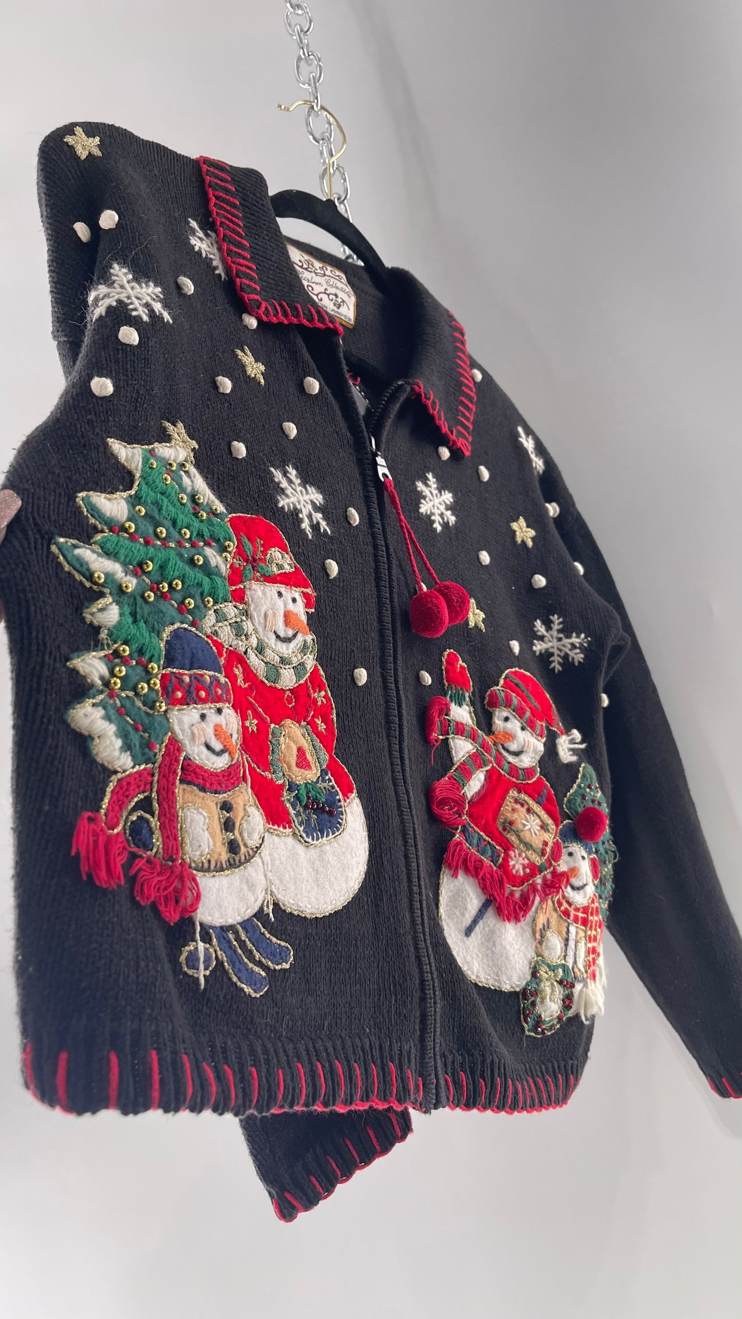 Vintage Reworked Urban Outfitters Heirloom Christmas Cardigan with Festive Snowmen Embroidery, Snowflakes, Christmas Tree and PomPom Zipper Detail (S)