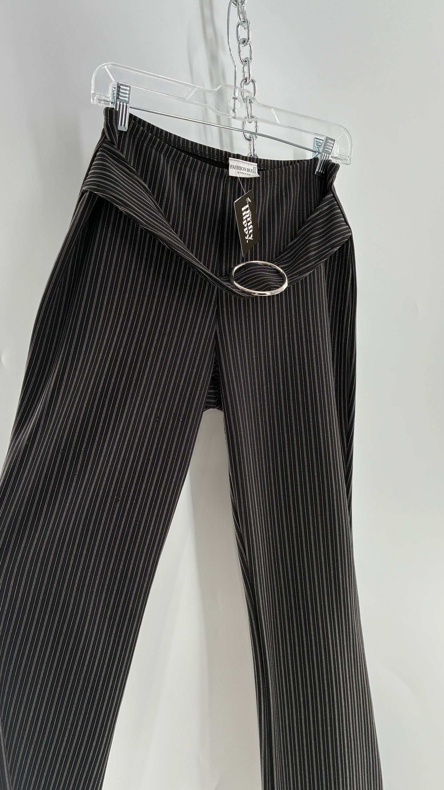 Vintage FASHION BUG Low Rise Black Striped Kick Flares with Silver Buckle Belt 1990s (6)