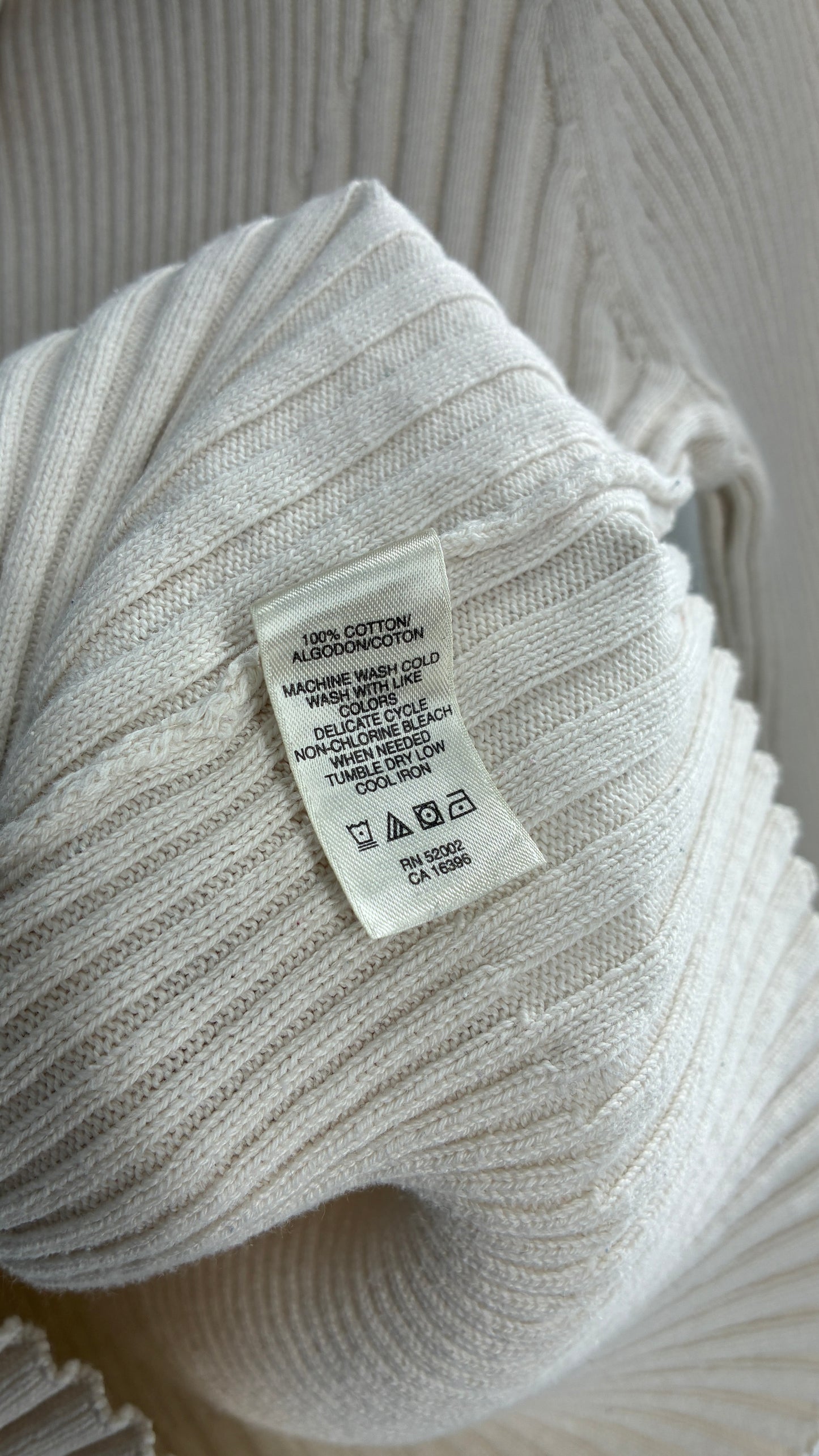 Vintage 1990s DKNY Off White Thick Ribbed Long Sleeve with Fold Over Wrists and Neckline (Medium)
