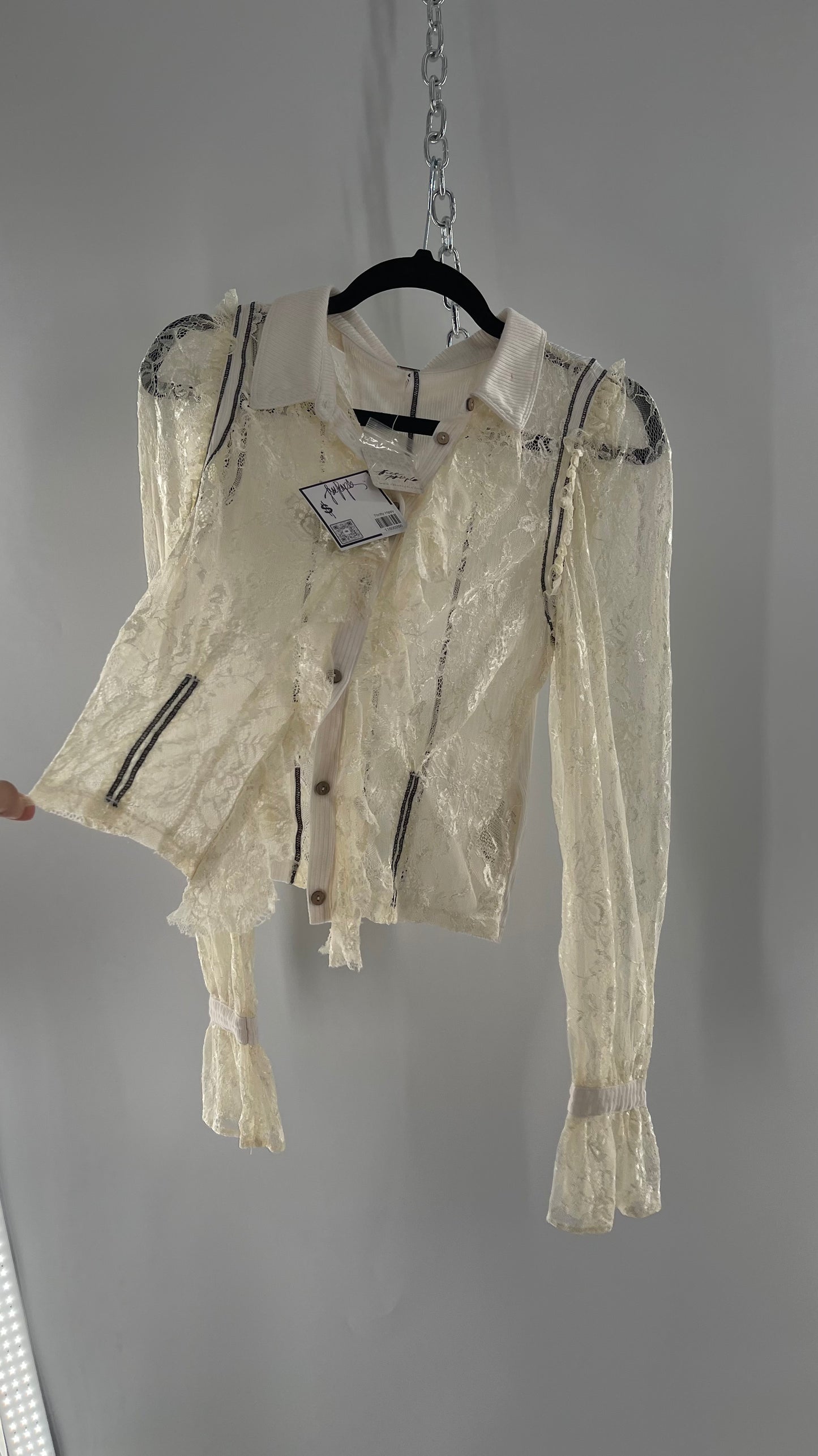 Free People White Lace/Ribbed BodyCon Button Up with Tags Attached (Large)