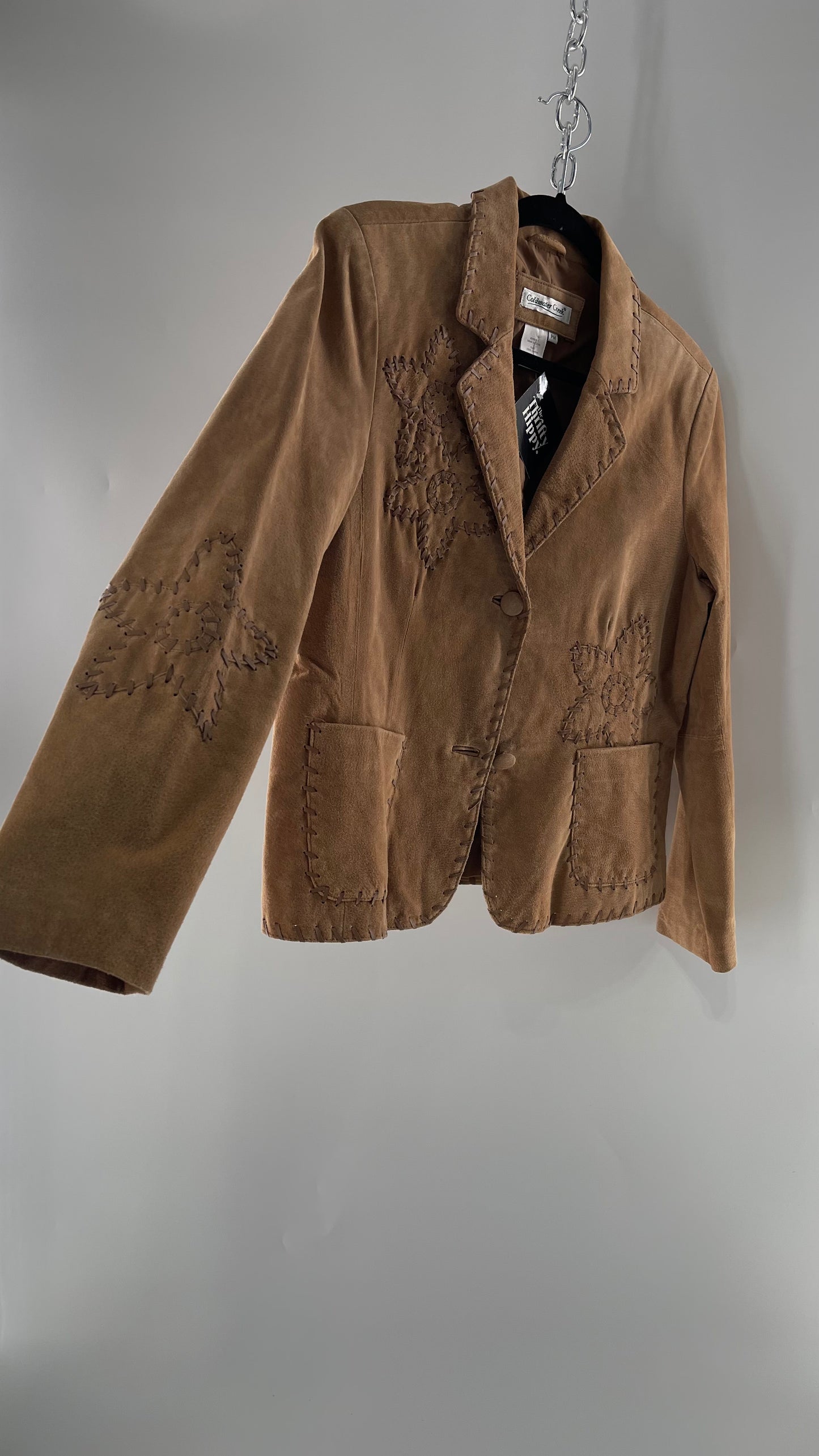 Vintage Rare Light Brown Genuine Suede Blazer with Embroidered Suede Flower and Contrasting Thick Leather Stitching (Medium)