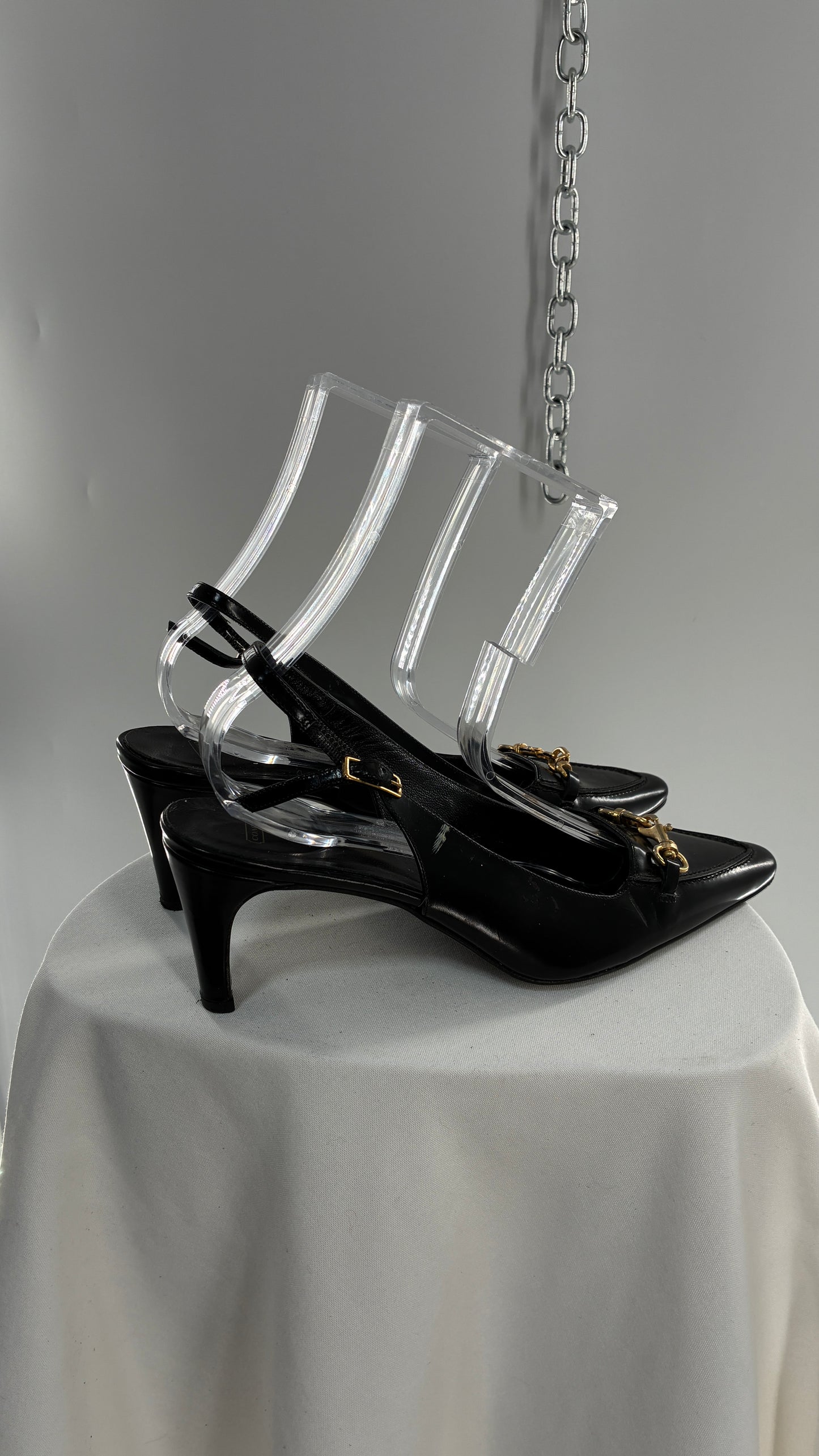 Vintage COACH Black Patent Leather Sling Back Kitten Heel with Brass Closure Detail (8.5)