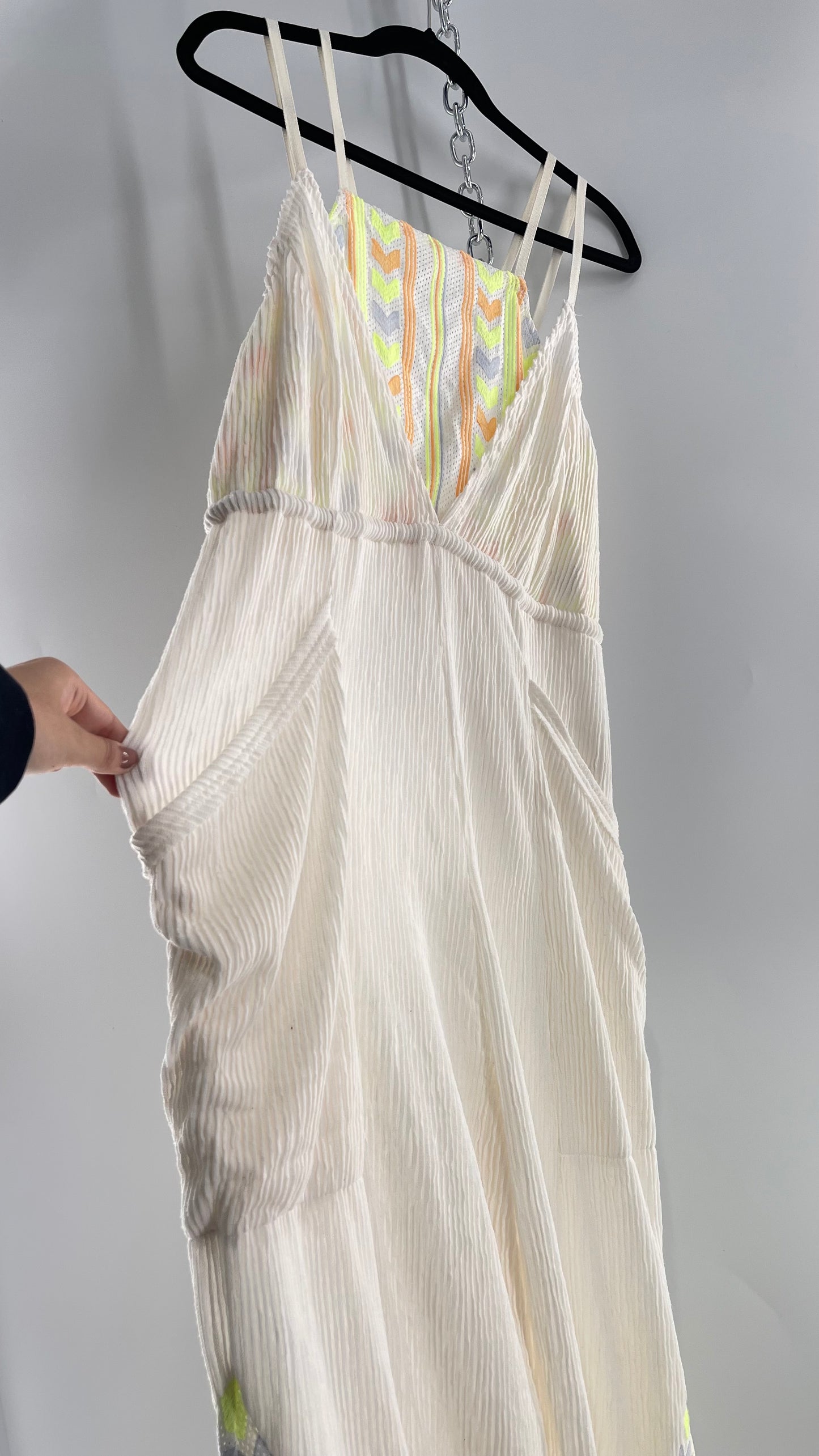 Free People Movement Cream Ribbed Jumpsuit with Yellow/Orange Embroidered Details and Waist Cinching Drawstring (Small)