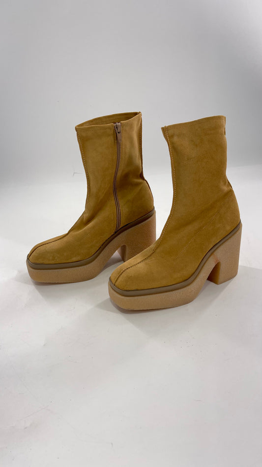 Free People Gigi Tan Suede Ankle Boots with Platform and Chunky Rubber Heel (38.5)