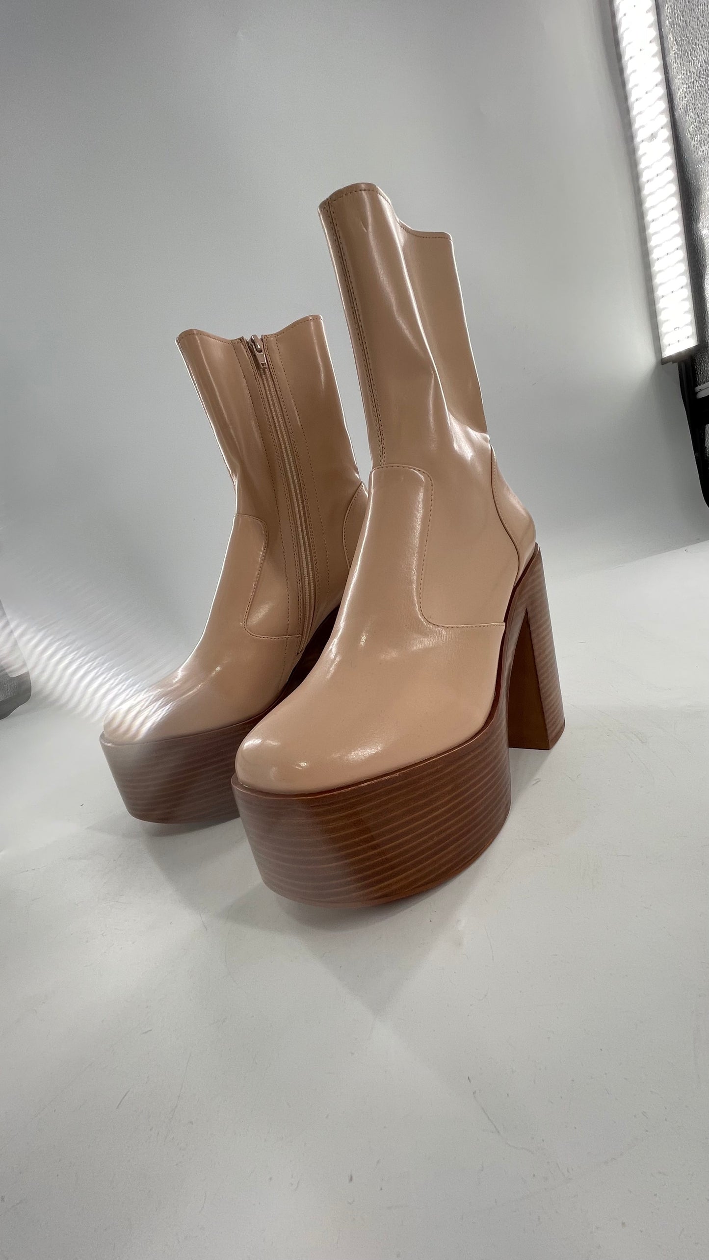 Free People X Jeffrey Campbell Mexique GoGo Boots • Beige Patent Boot with Wood Grain Chunky Block Heel and Platform (9)