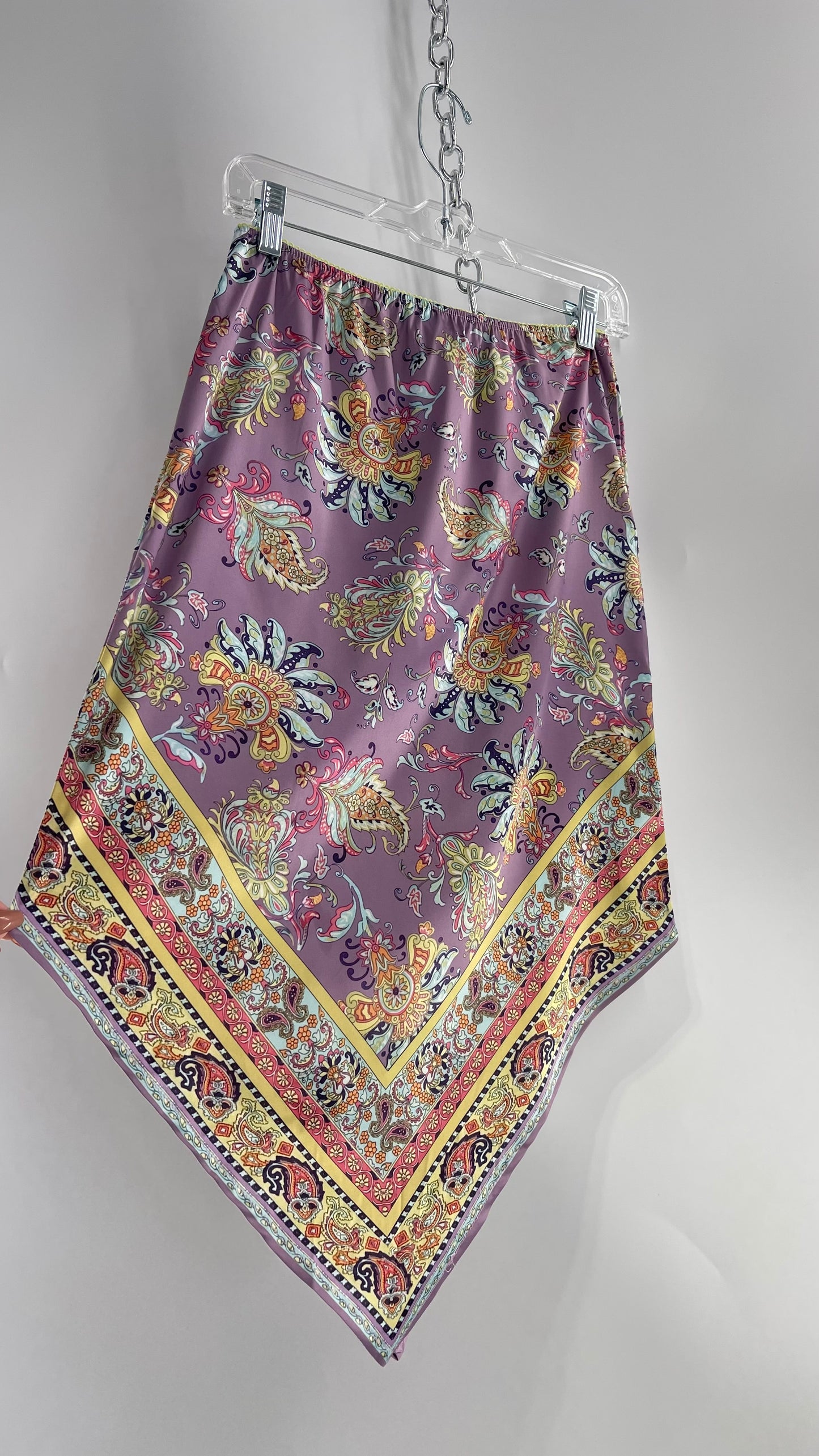 Urban Outfitters Lavender Satin Paisley Handkerchief Hem Skirt with Light Green Ribbon Waistline (Small)