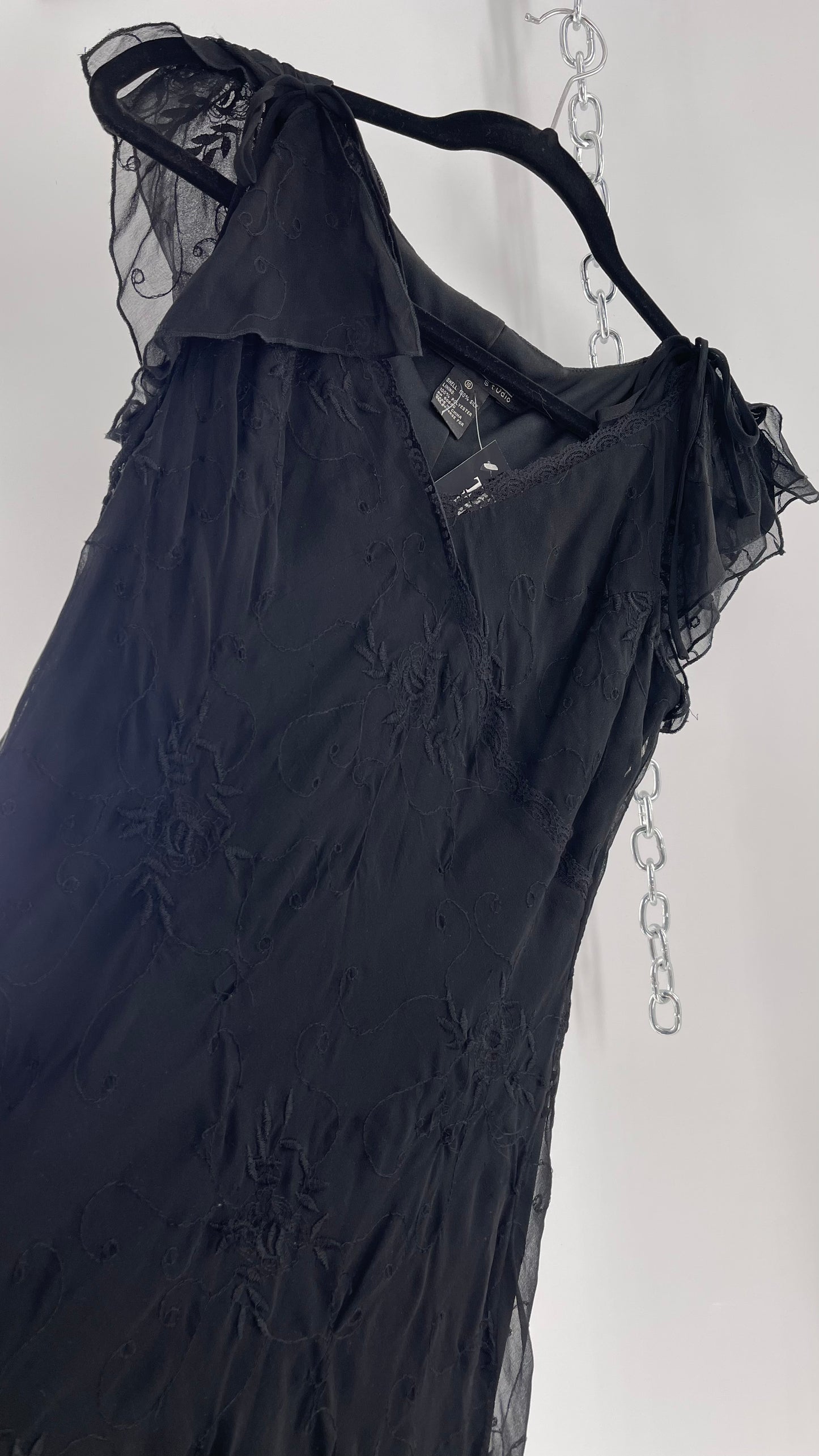 Vintage Jonathan Martin 100% Silk Black Embroidered MIDI Dress with Tie Shoulder Detail (10)