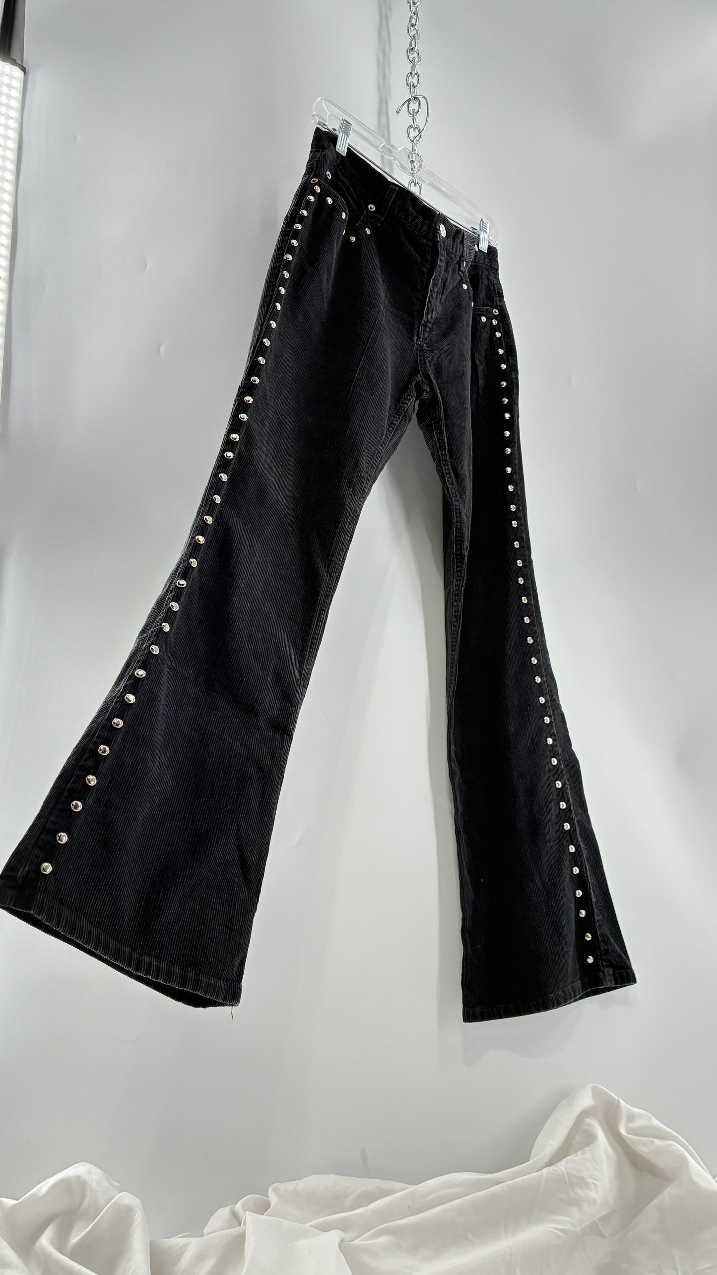 Vintage THE BLUES Grey Corduroy Side Studded Kick Flares (8)