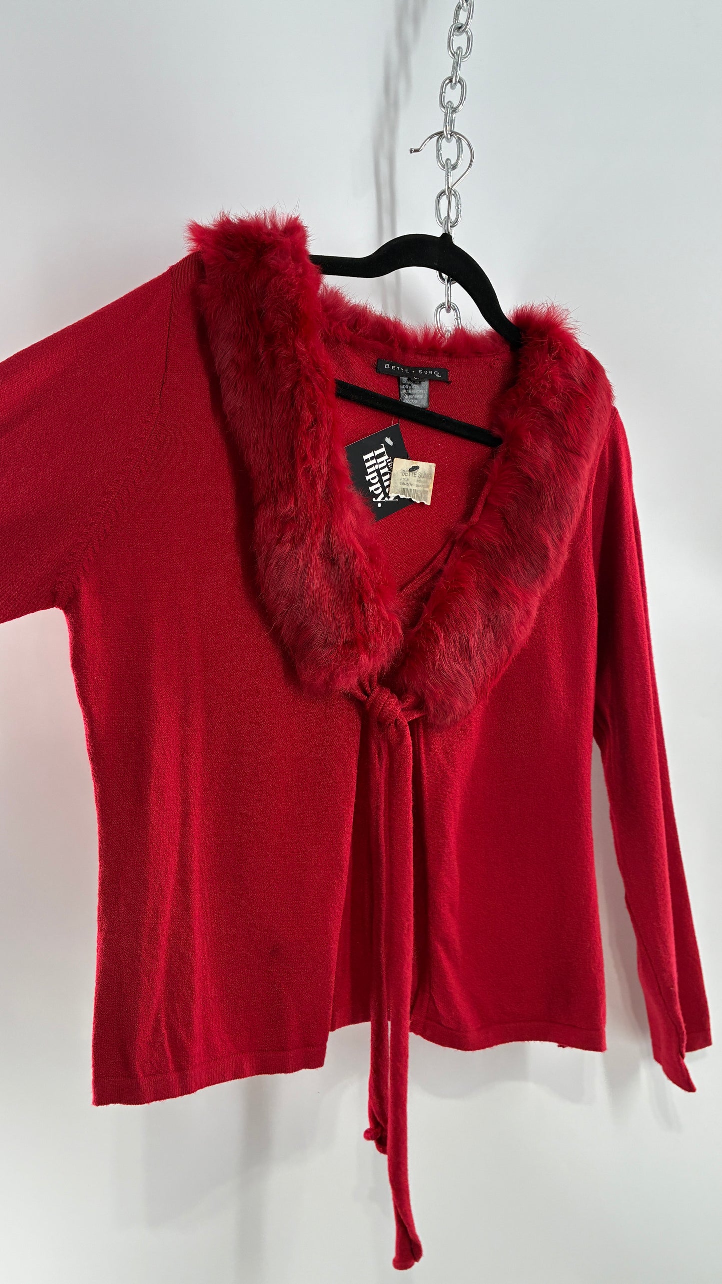 Deadstock Vintage BETTE SUNG Red Tie Bust Cardigan with Genuine Rabbit Fur Collar (Large)