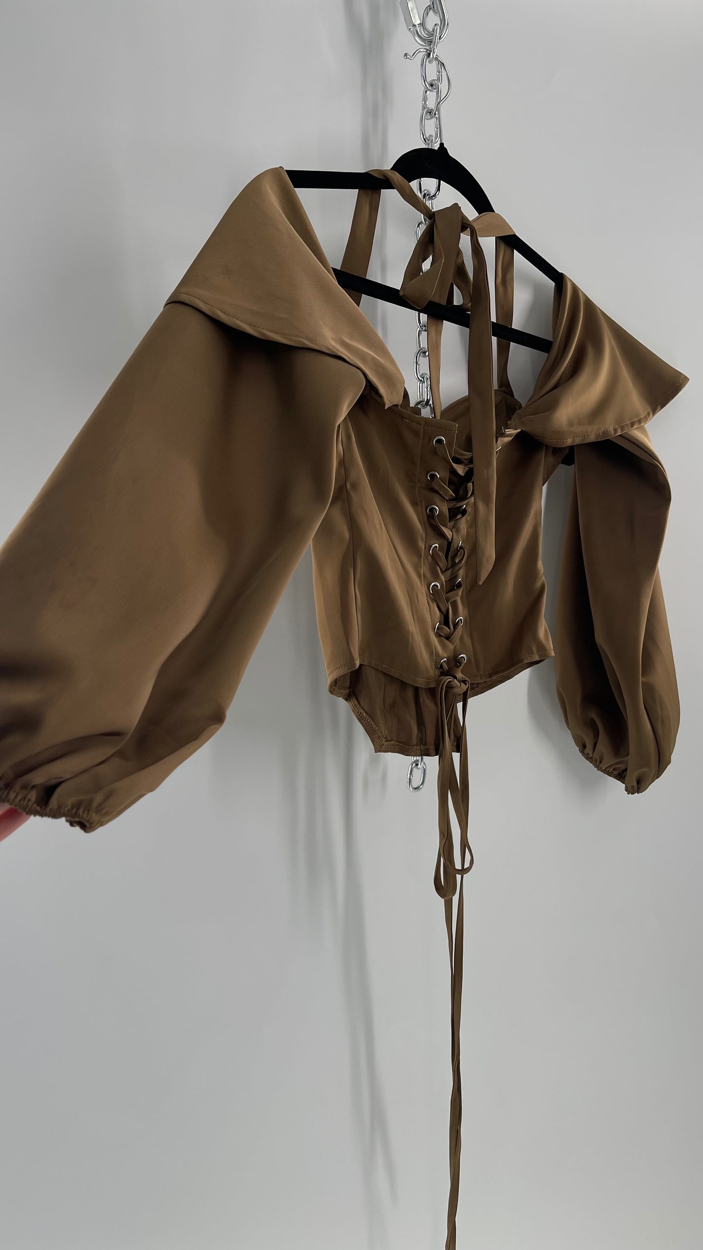 Pretty Little Thing Tan/Gold Corset Blouse with Draped Shoulders, Balloon Sleeves, Halter Strap and Lace Up Back (4)
