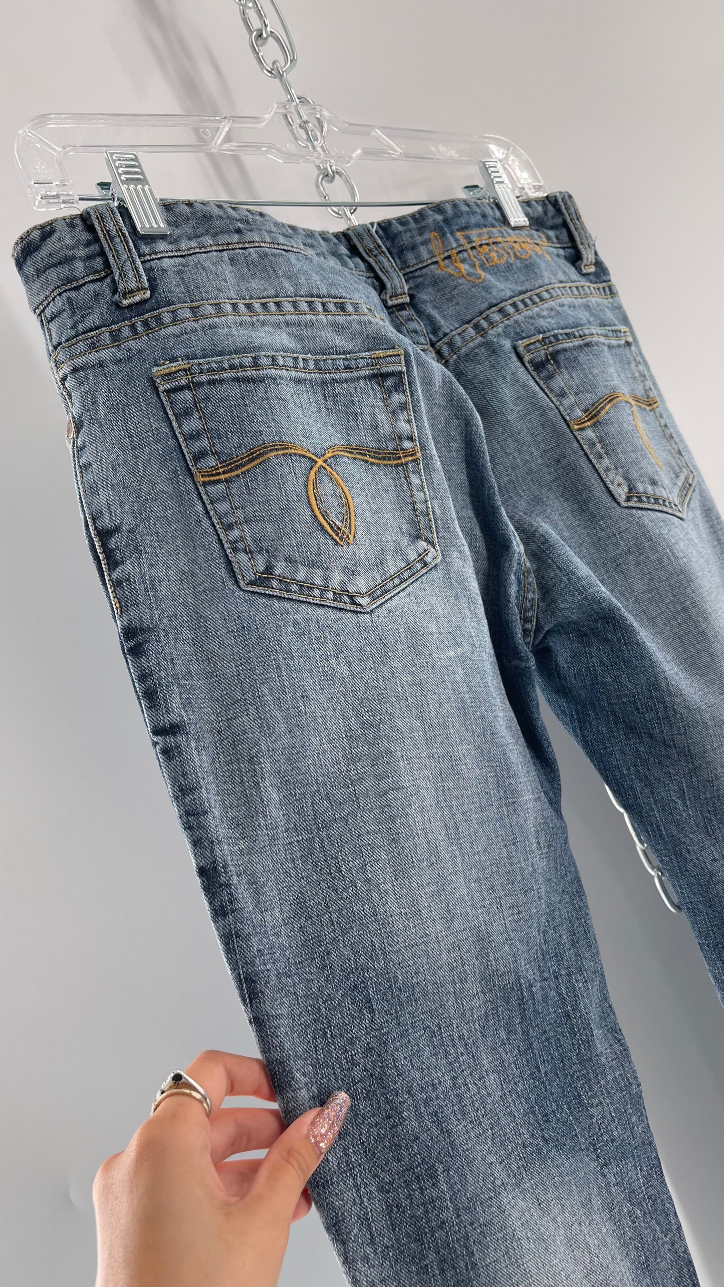 Western Denim Bank Light Wash Straight Legs with Gold/Bronze Metal Studs and Jewels (29)