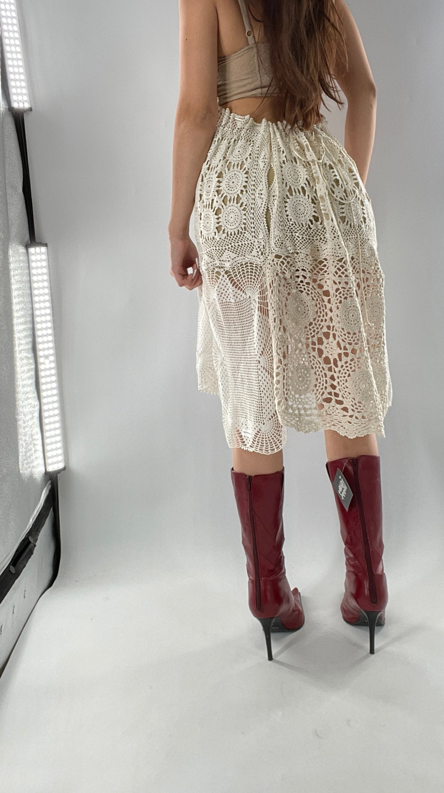 Vintage Handmade Crochet Cottage Adjustable Dress with Open, Low Back (One Size)
