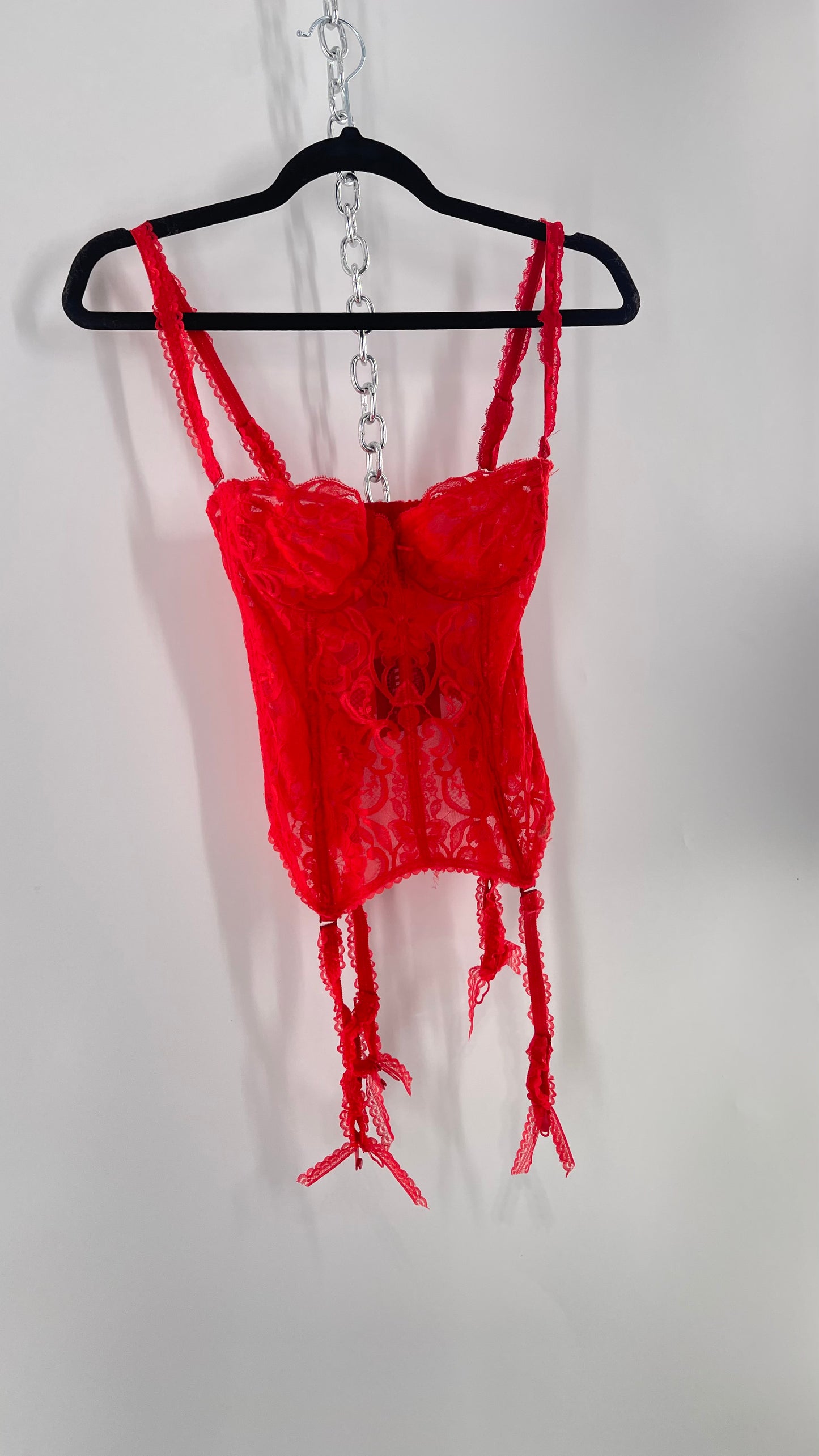 90s Vintage Red Lace Corset with Ruffled Sleeves and Removable Garter Straps (32B)