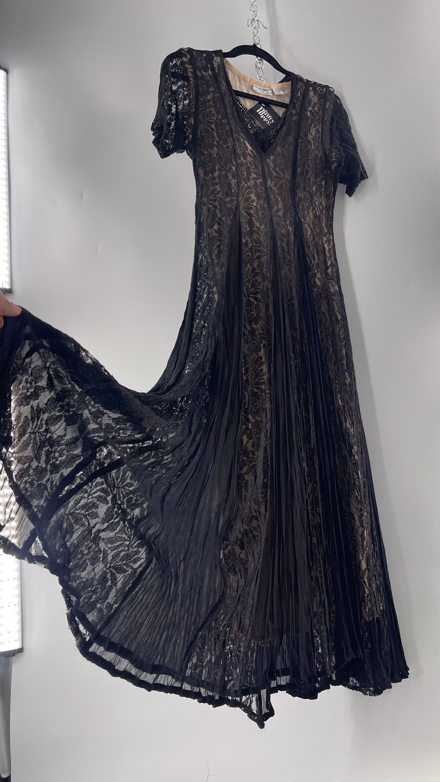 Nostalgia Vintage Black Lace Gown with Pleated Vents and Beige Underlay (Small)