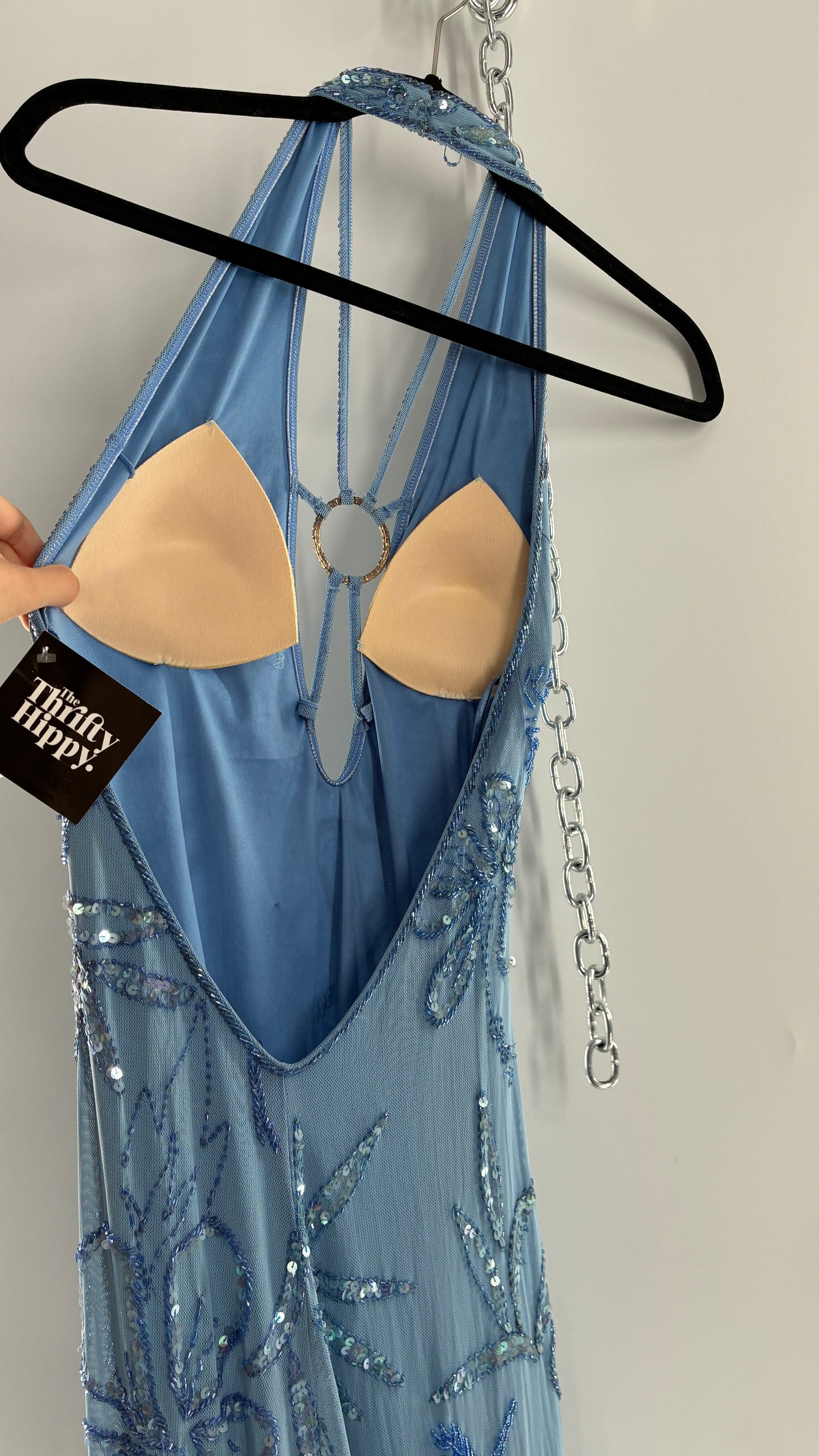 Vintage 1990s Powder Blue Gown Covered in Beaded Appliqué Tropical Designs with Strappy Bust and Low, Open Back (S/M, stretchy no size marked)