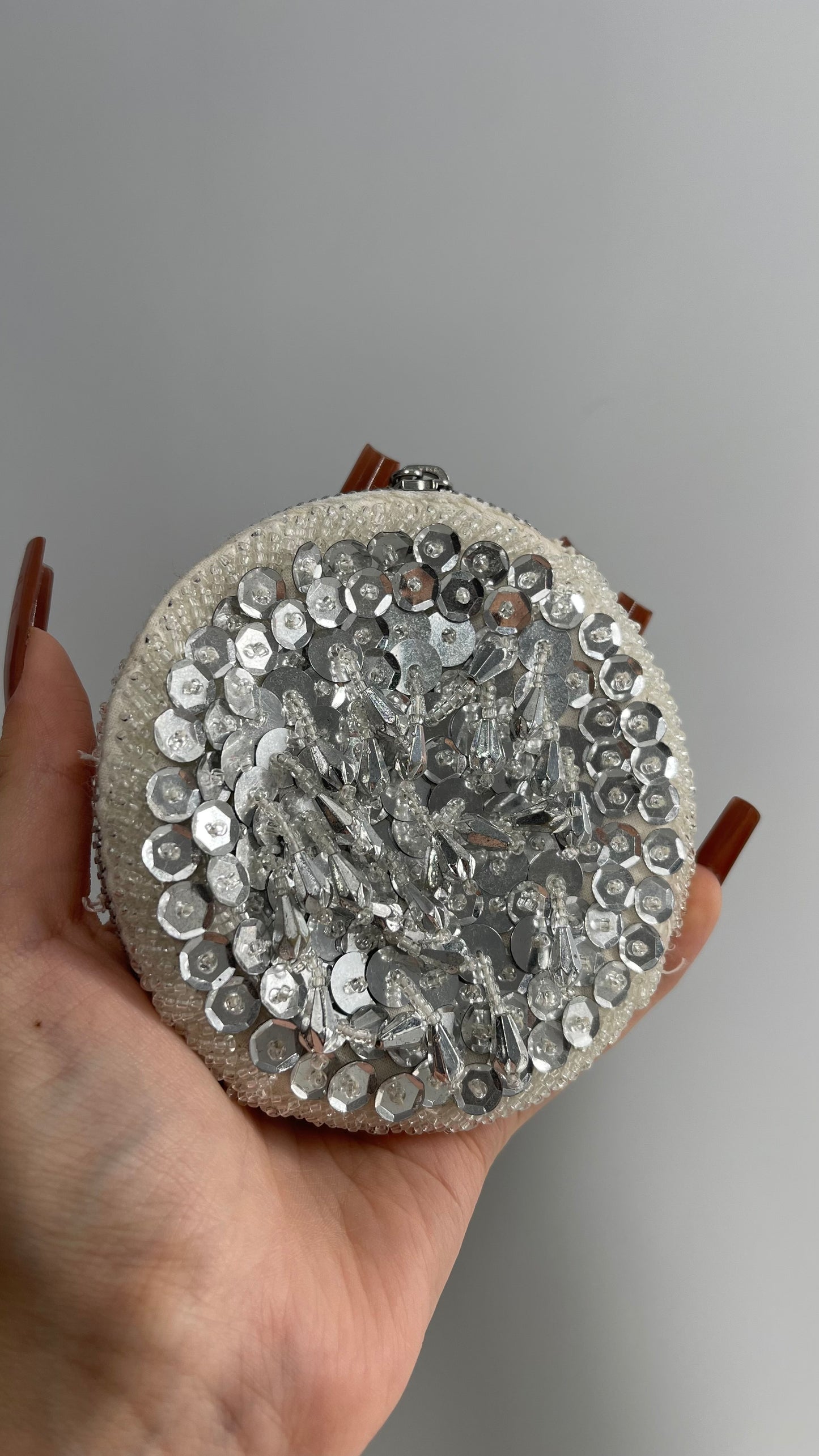 Silver Sequin Tear Drop Beading Round Coin Pouch