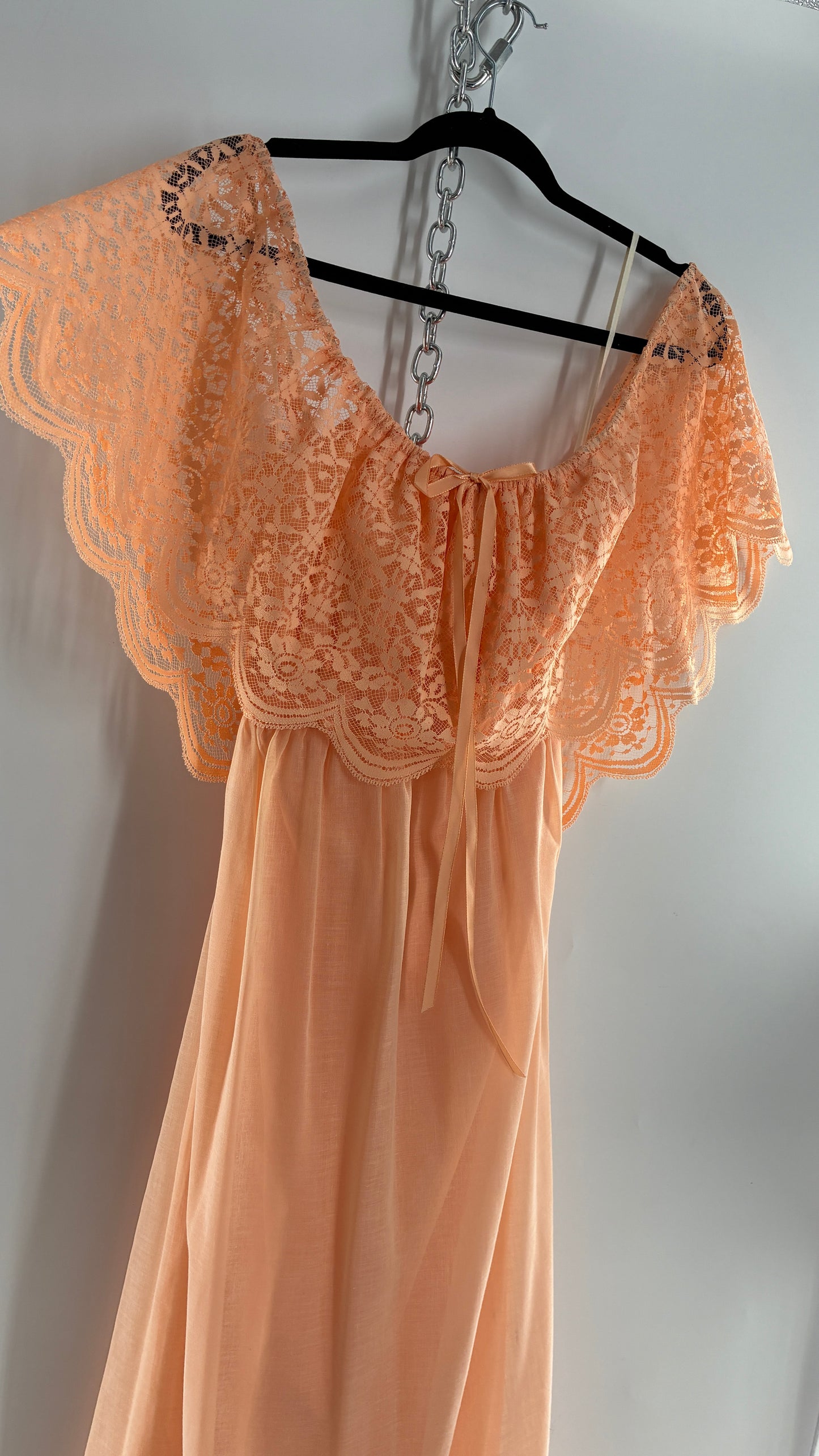 Vintage 1960s Ruffled Off the Shoulder Peach Full Length Voluminous Gown with Tie Back (9/10)