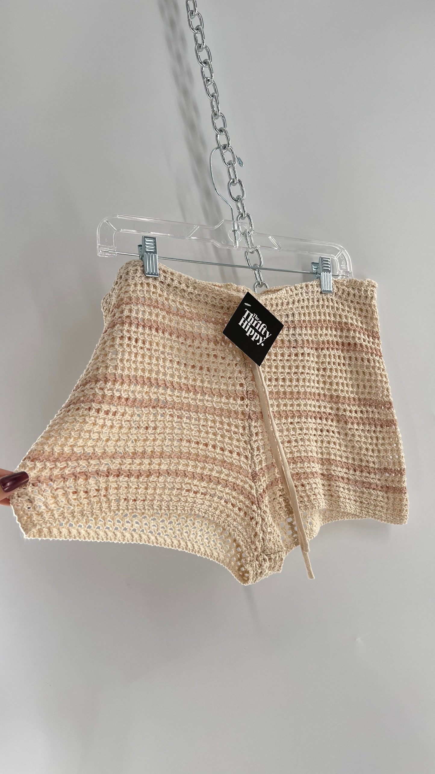 Free People Beach Beige Knit Crochet Cover Up Shorts (Medium)