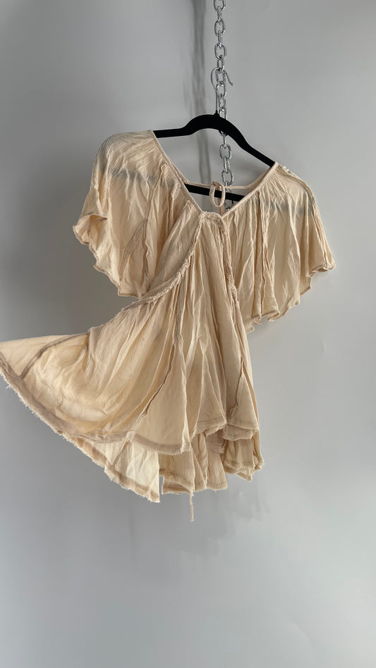 Free People Beige Open Back Drape Sleeve Blouse (XS)