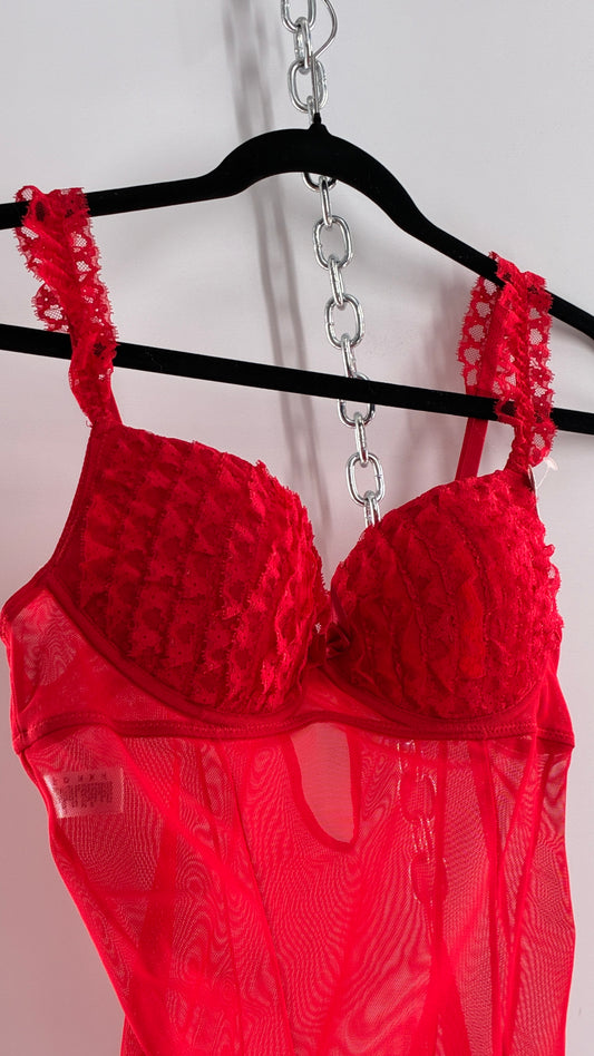 Deadstock Vintage Babydoll Bustier with Ruffled Cups, Lace Straps and Ruffled Lace Hem (34C)