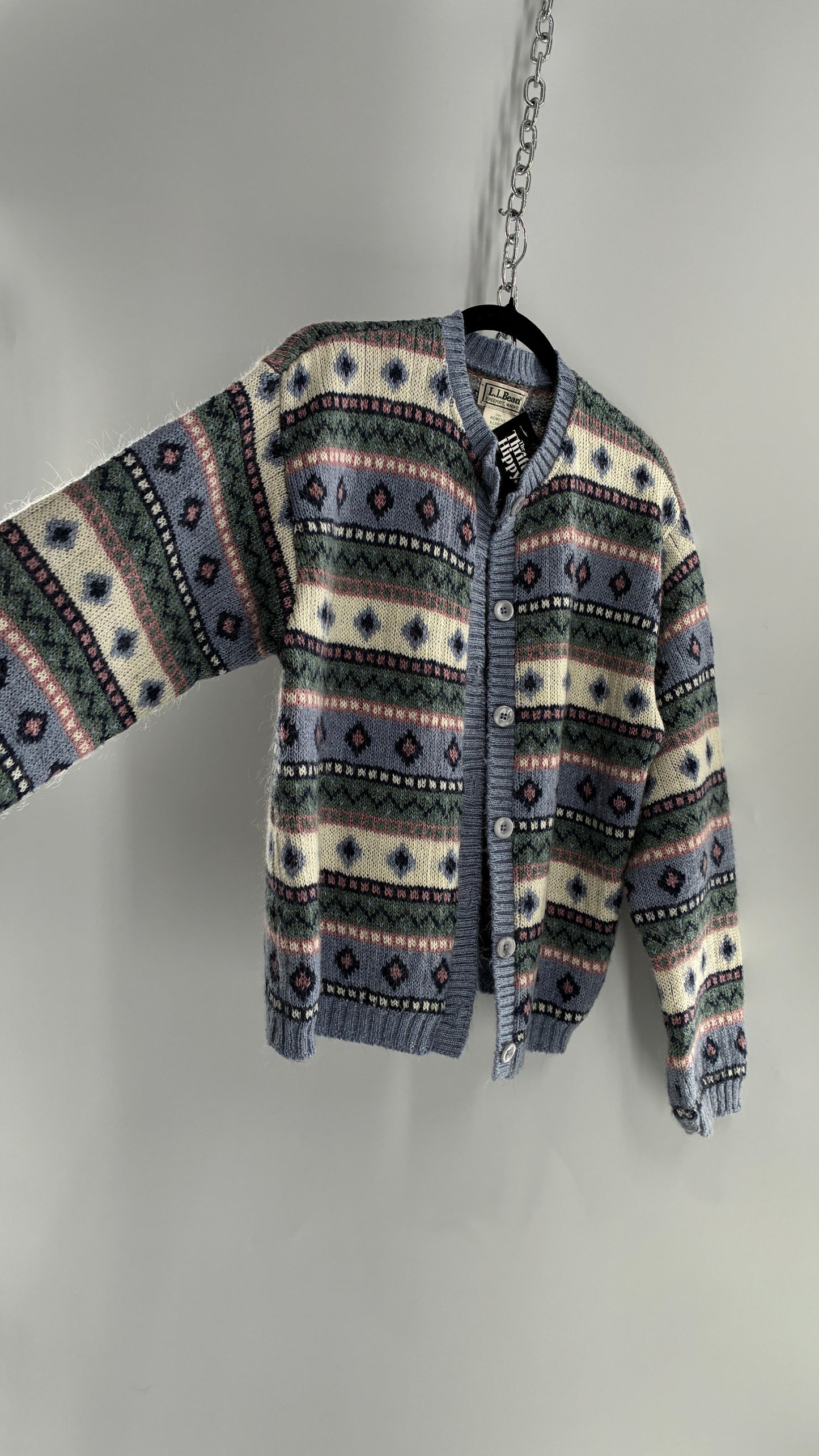 Vintage LL Bean 25% Mohair Striped Knit Blue Green Pink Cardigan (XL)