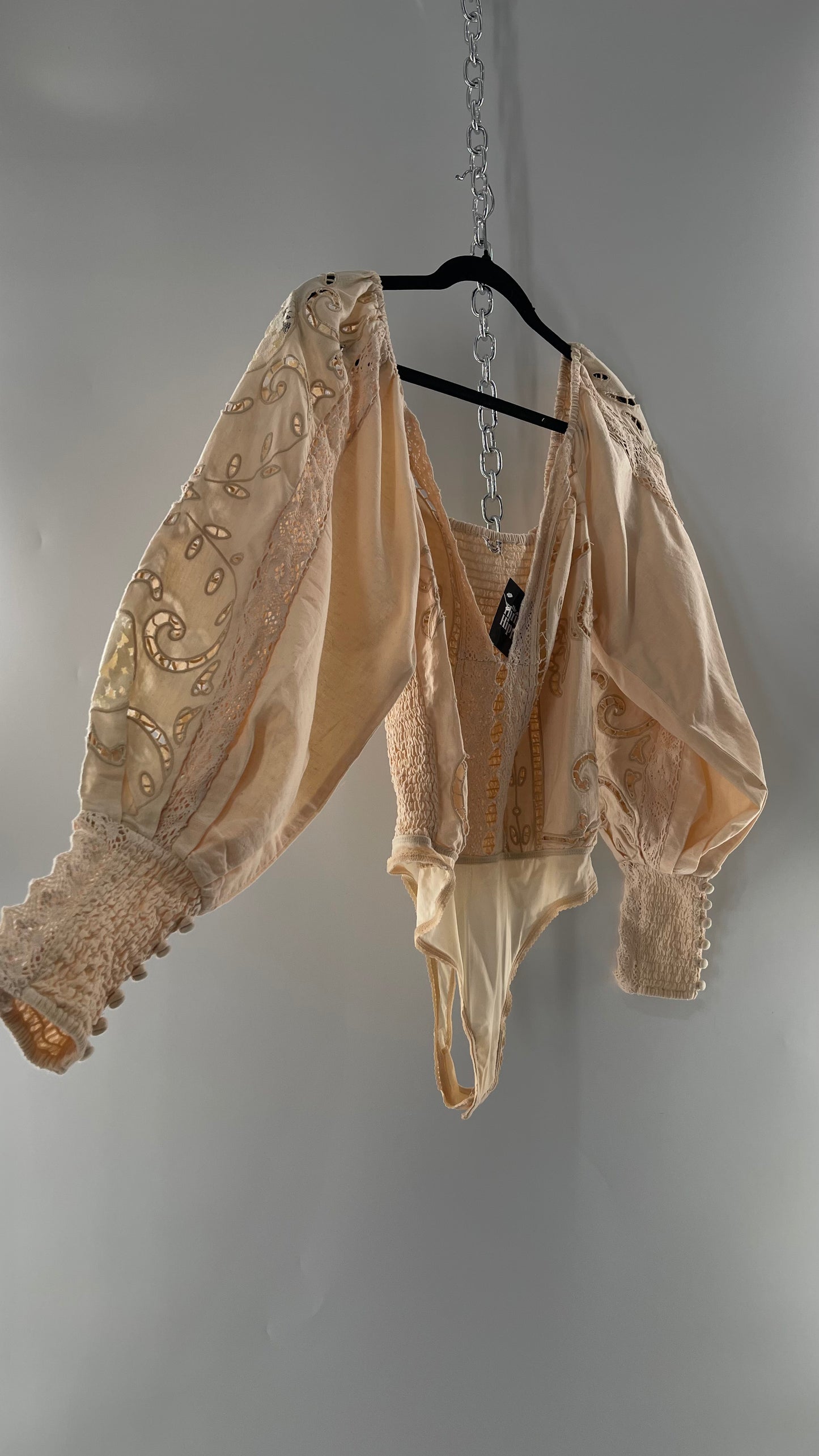 Free People Off White Cotton Bodysuit with Embroidered Lace Balloon Bishop Sleeve and Smocked, Buttoned Cuffs (Large)