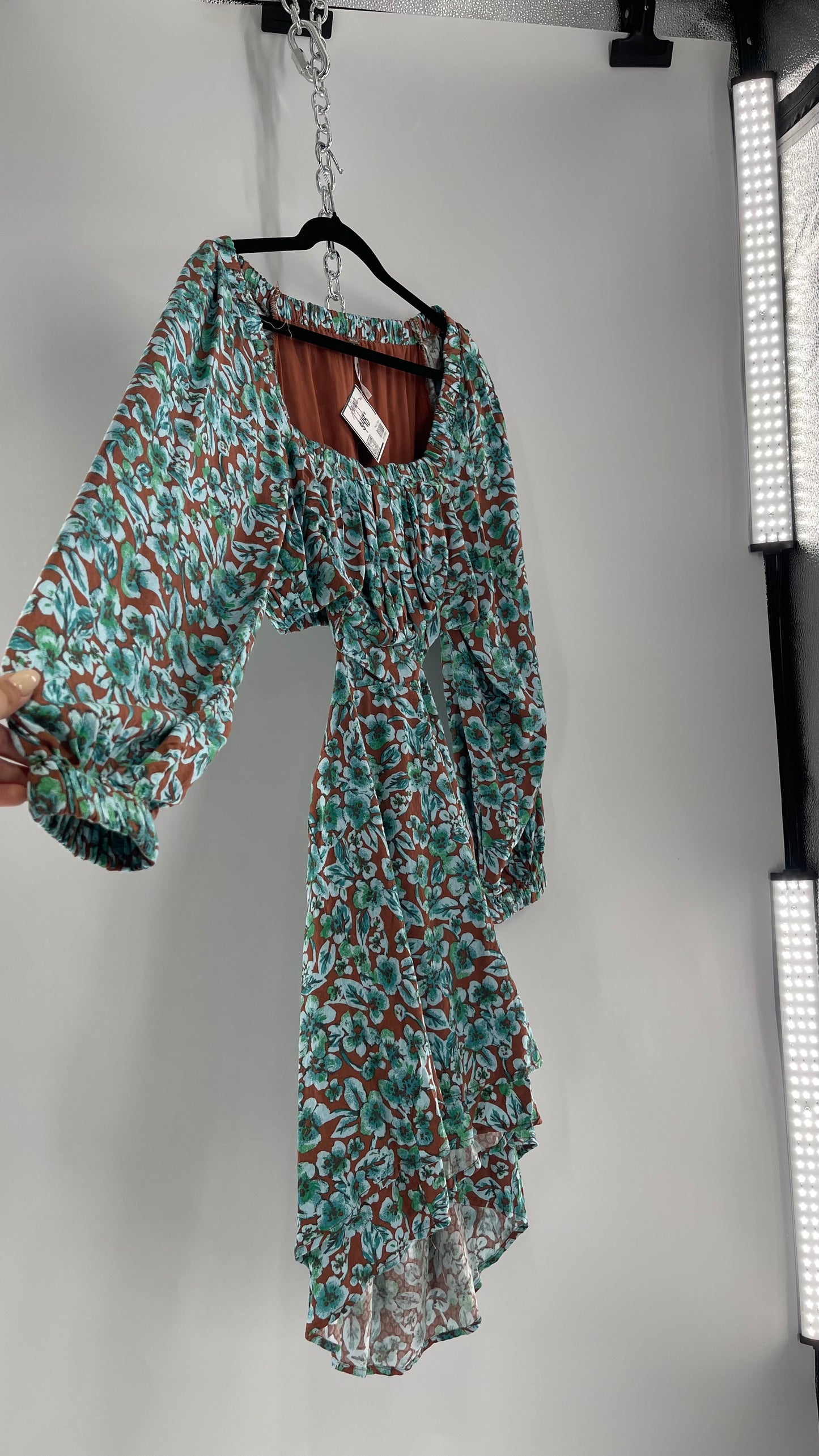 Free People Brown Cut Out Milkmaid Mini with Blue Florals (Medium)