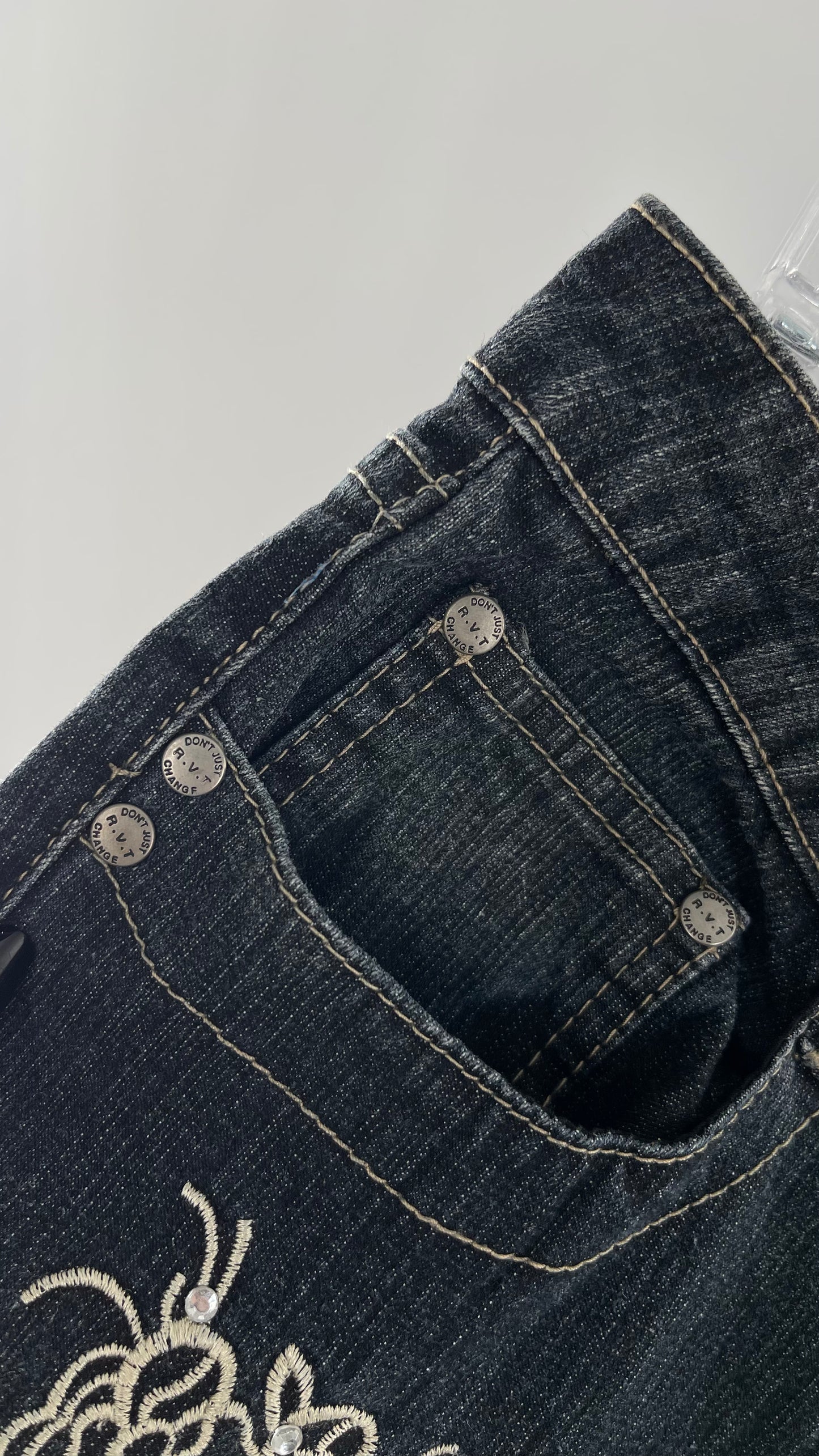 Vintage RVT Grey Kickflare Jeans with Butterfly Embroidery and Rhinestone Embellishment (9/10)