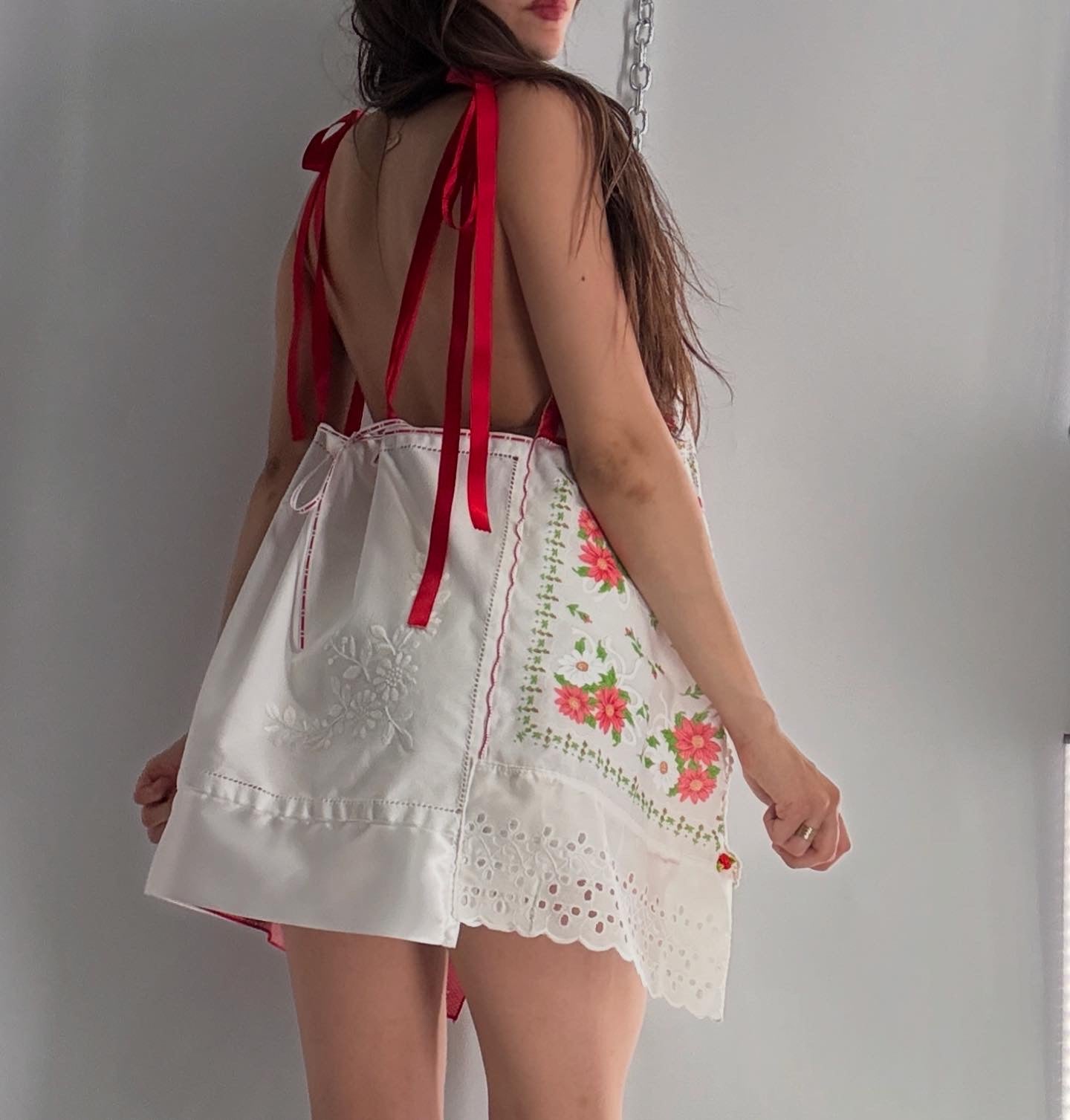 Vintage Red Handmade Handkerchief Backless Mini Dress (XS-L)