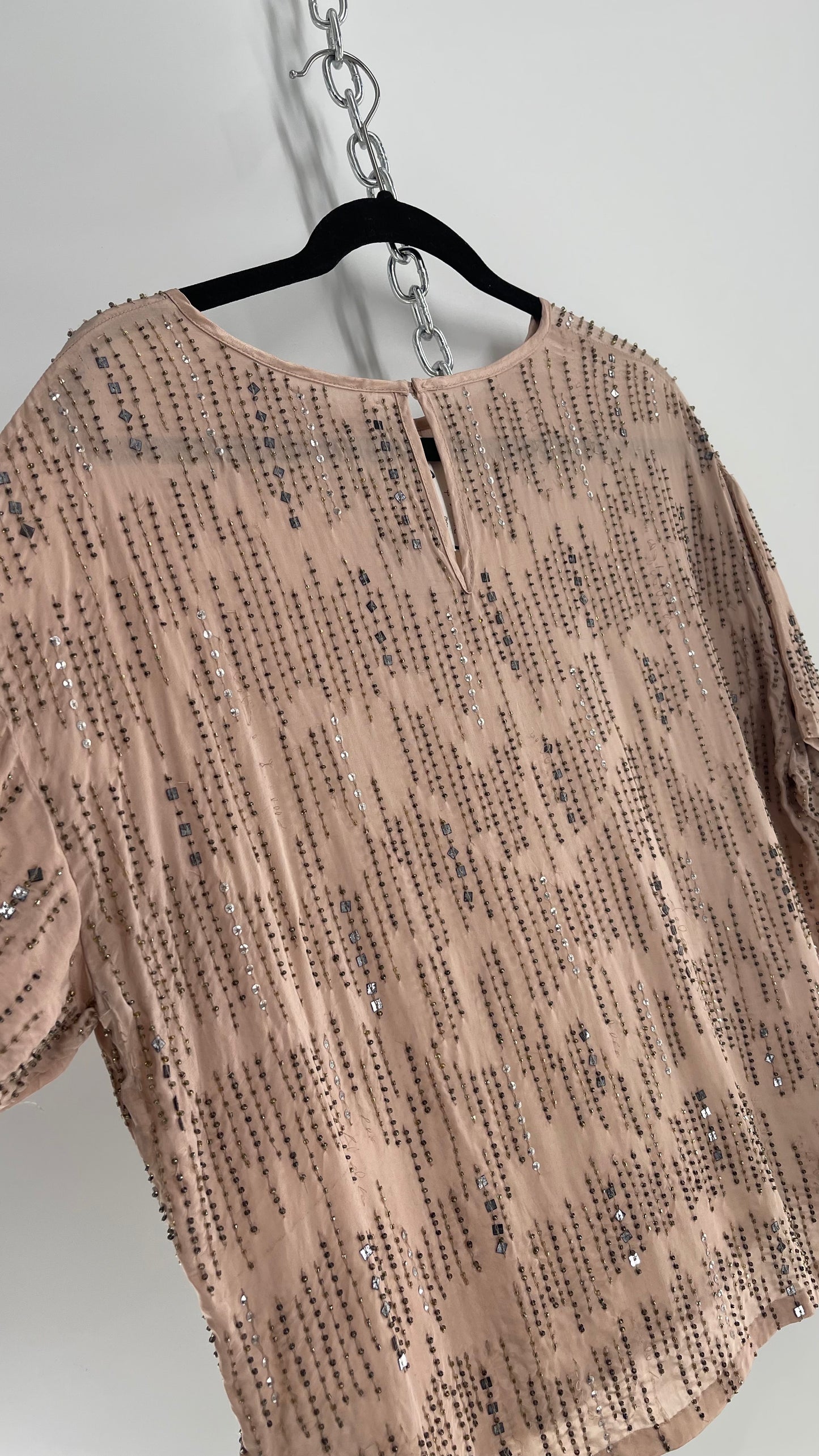Velvet Anthropologie Dusty Rose Silky Top Covered in Beading and Tags Attached (Medium)