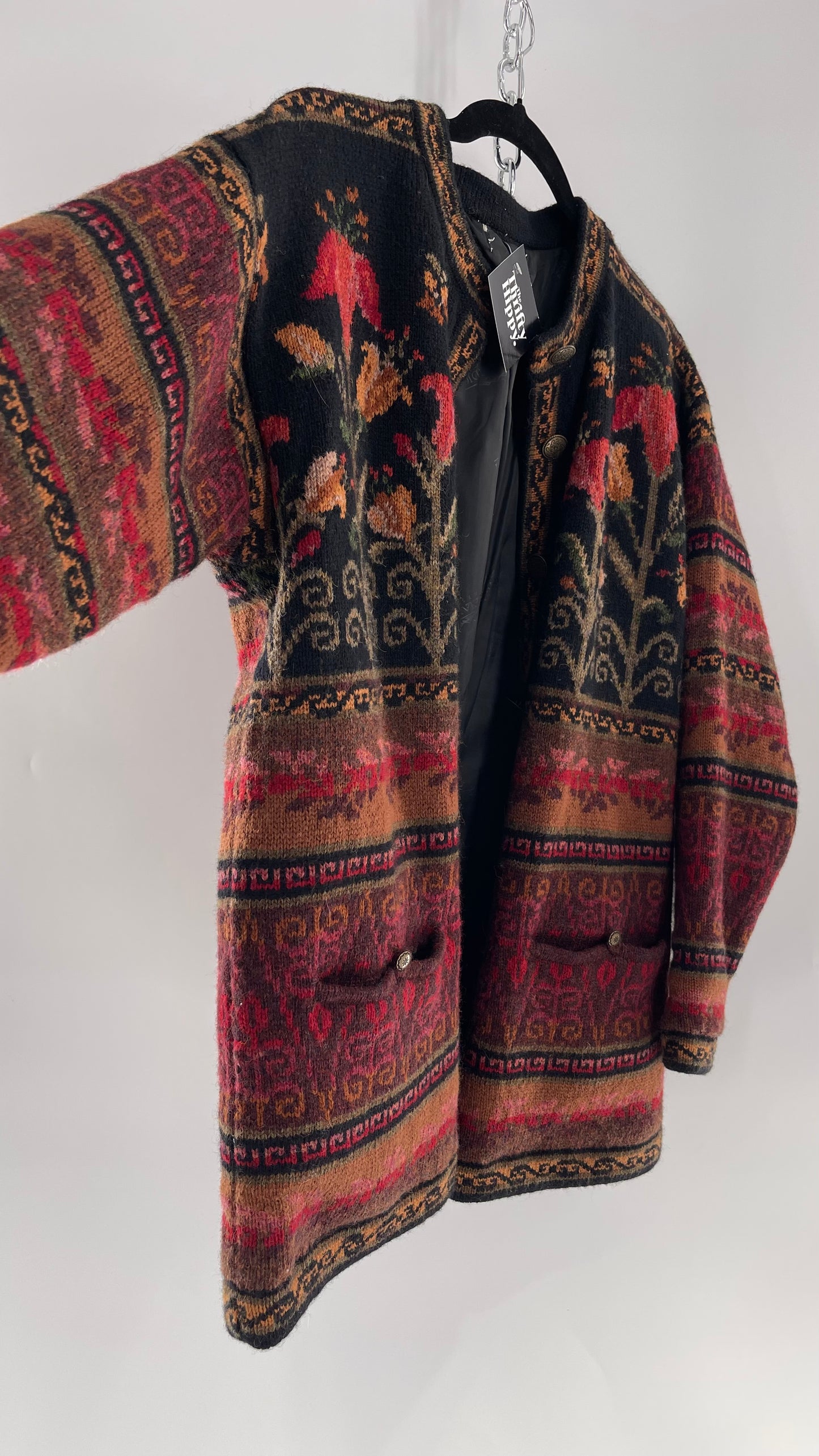 Vintage Iceland Design Wool Jacket with Brass Embossed Buttons and Folk Floral Patterning(C)(Medium)