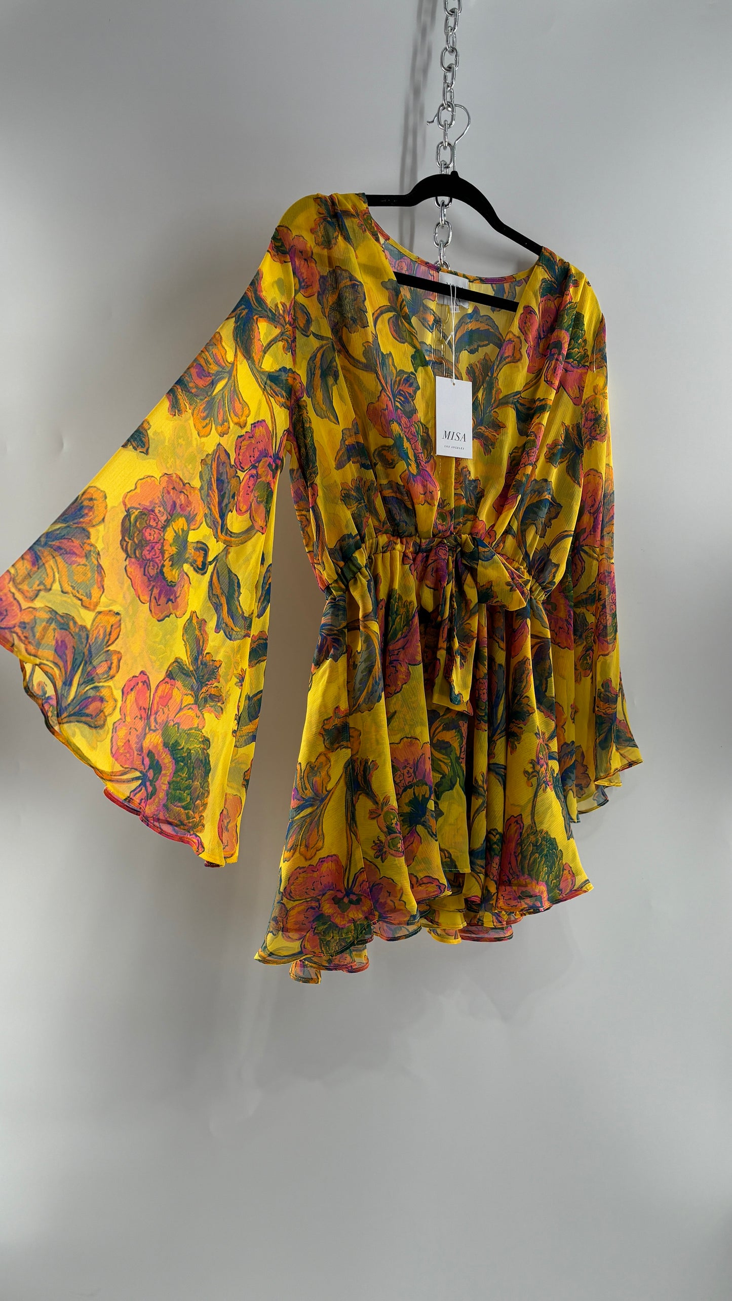 MISA Los Angeles KAIA Yellow Floral Bell Sleeve Long Sleeve Top/Micro Mini Dress with Tags (Small)