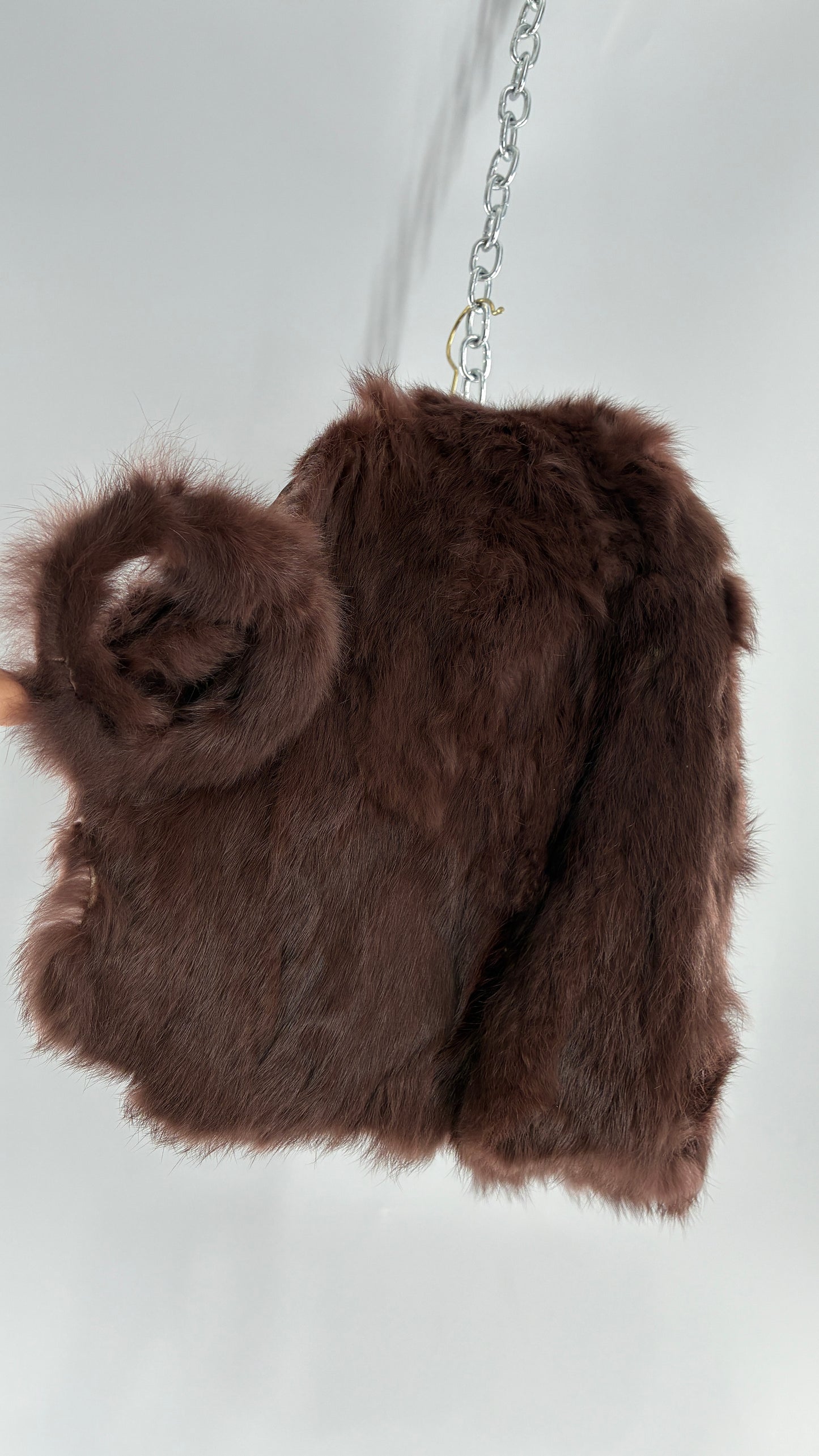 Vintage CAROLINE 100% Rabbit Fur Brown Shrug Cape with Oversized Round Buckle (One Size)
