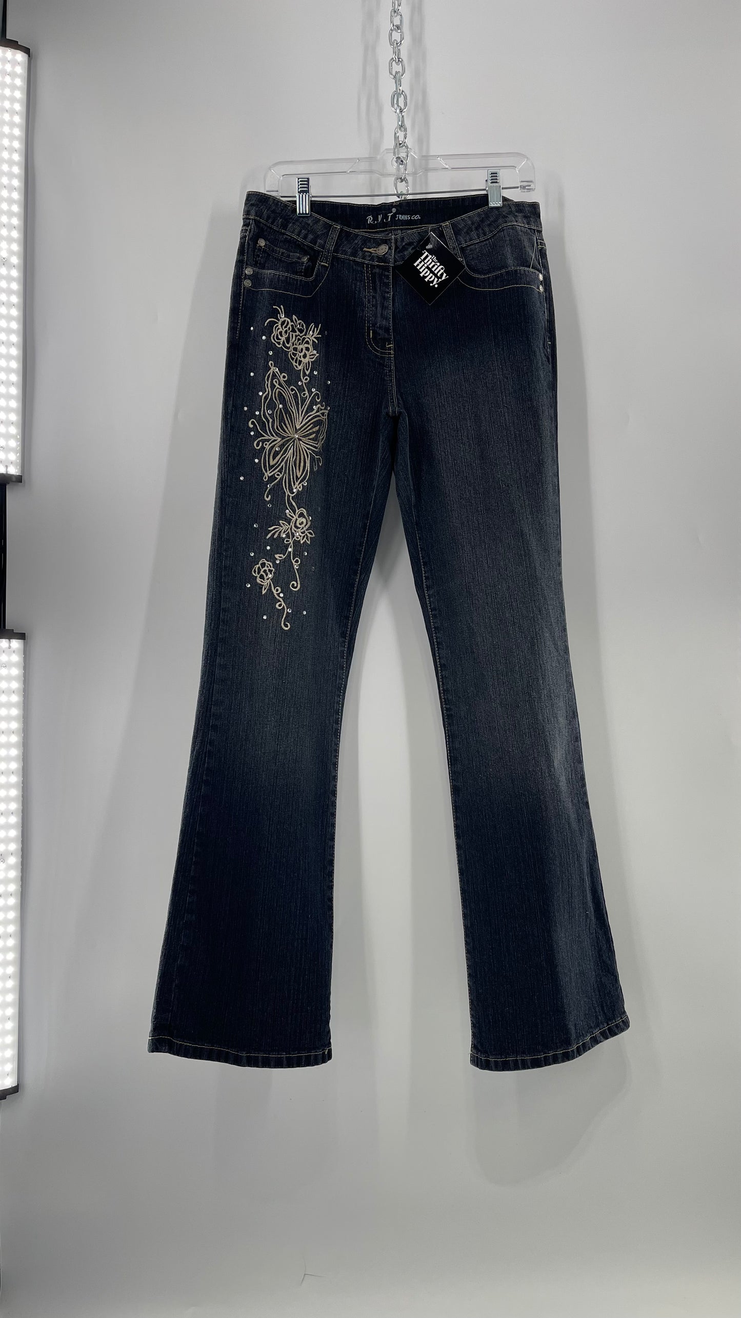 Vintage RVT Grey Kickflare Jeans with Butterfly Embroidery and Rhinestone Embellishment (9/10)