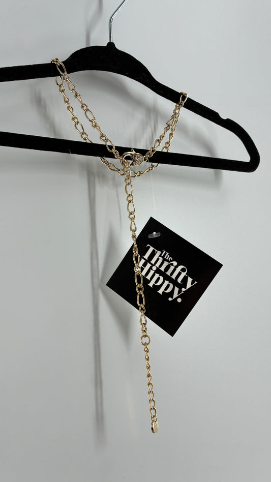 Gold Chain Link Adjustable Necklace with Heart Rhinestone Clasp