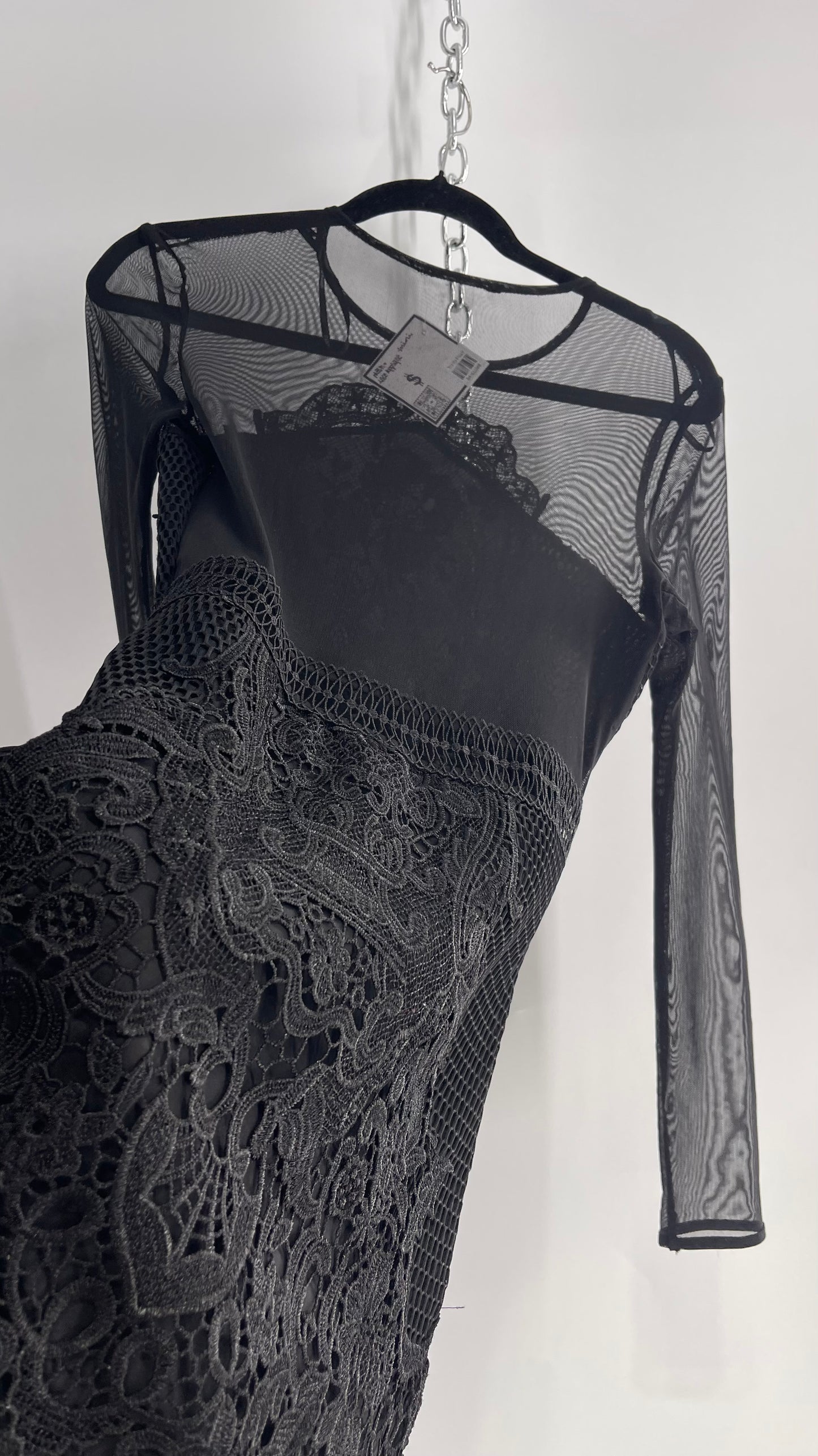 Mesh + Thick Lace Appliqué Mini Dress with Sheer Open Back (Small)