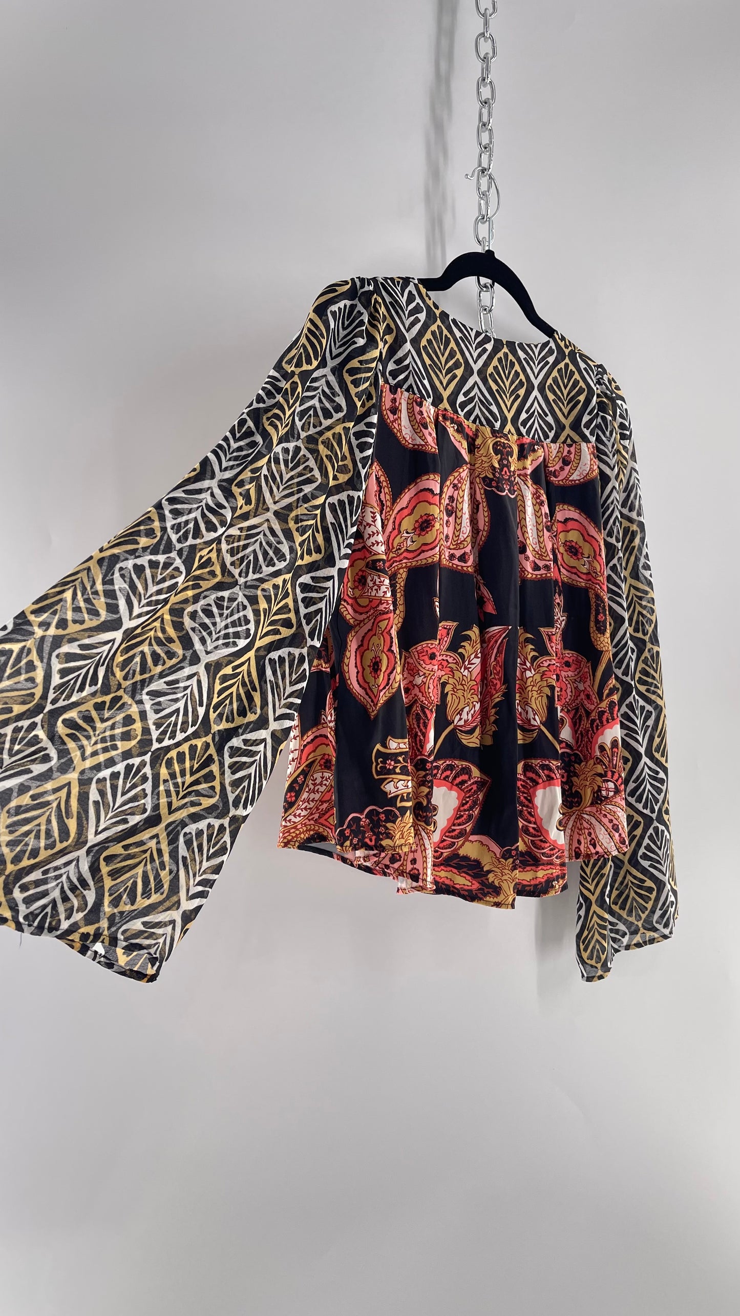 Free People Paisley Bodice Blouse with Sheer Contrast Sleeves, Draping Neckline and Tags Attached (Small)
