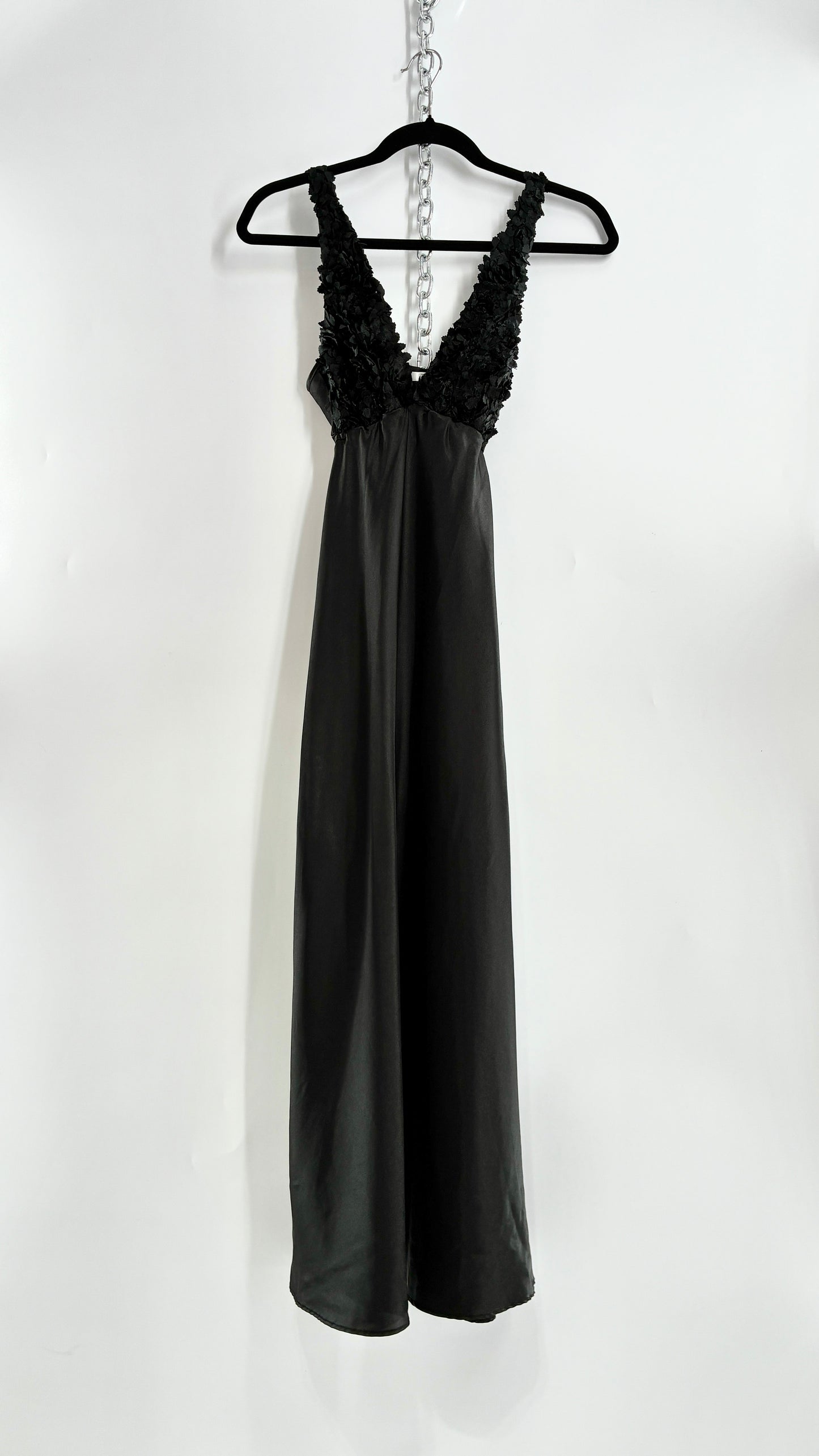 Vintage FLORA Black Slip Gown with Textured Floral Bust (Small)