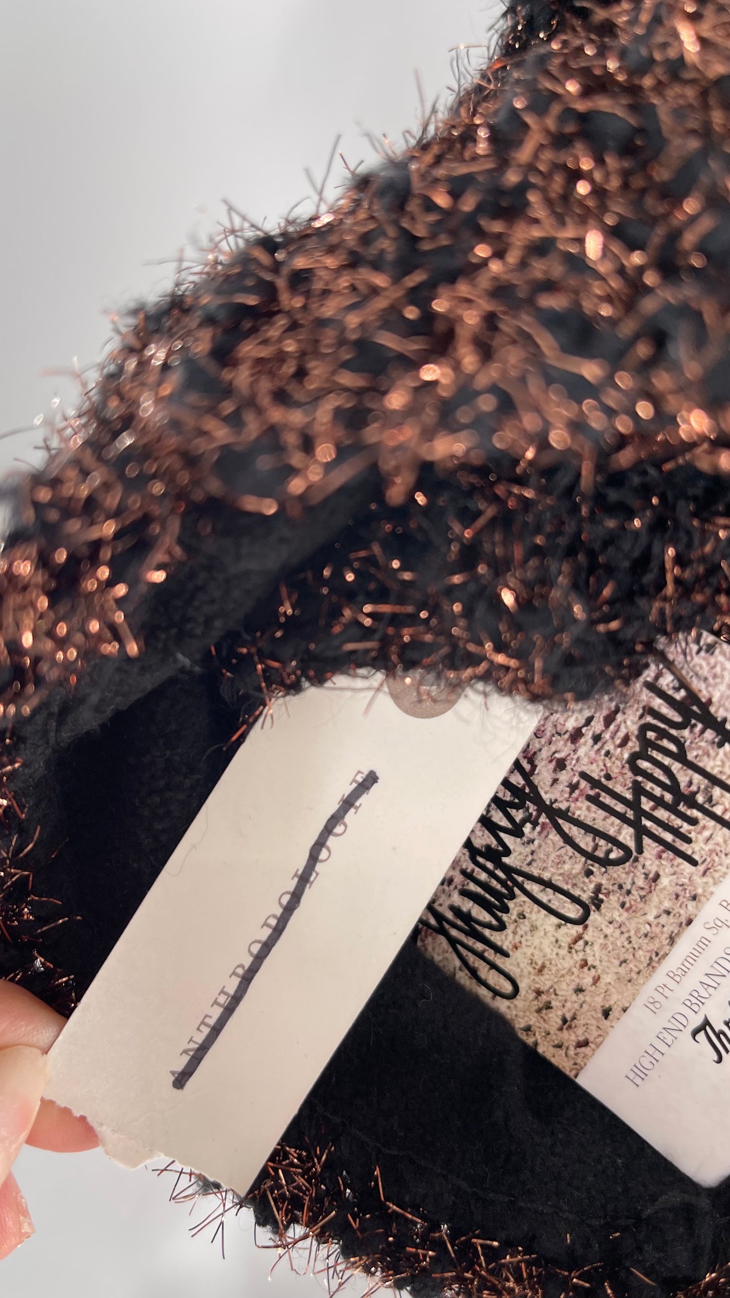 Anthropologie Bronze Tinsel Black Knit Beanie and Skinny Pom Scarf 2pc Set with Tags Attached